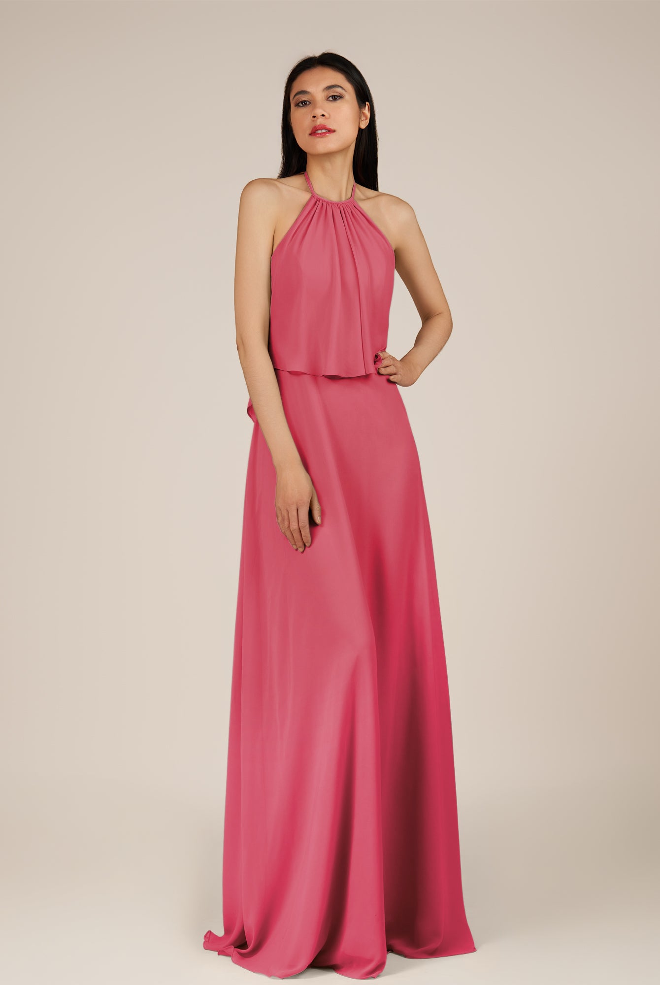 KissDress-Rhoswen Fuchsia Sheath Chiffon Halter Neck Long Bridesmaid Dress