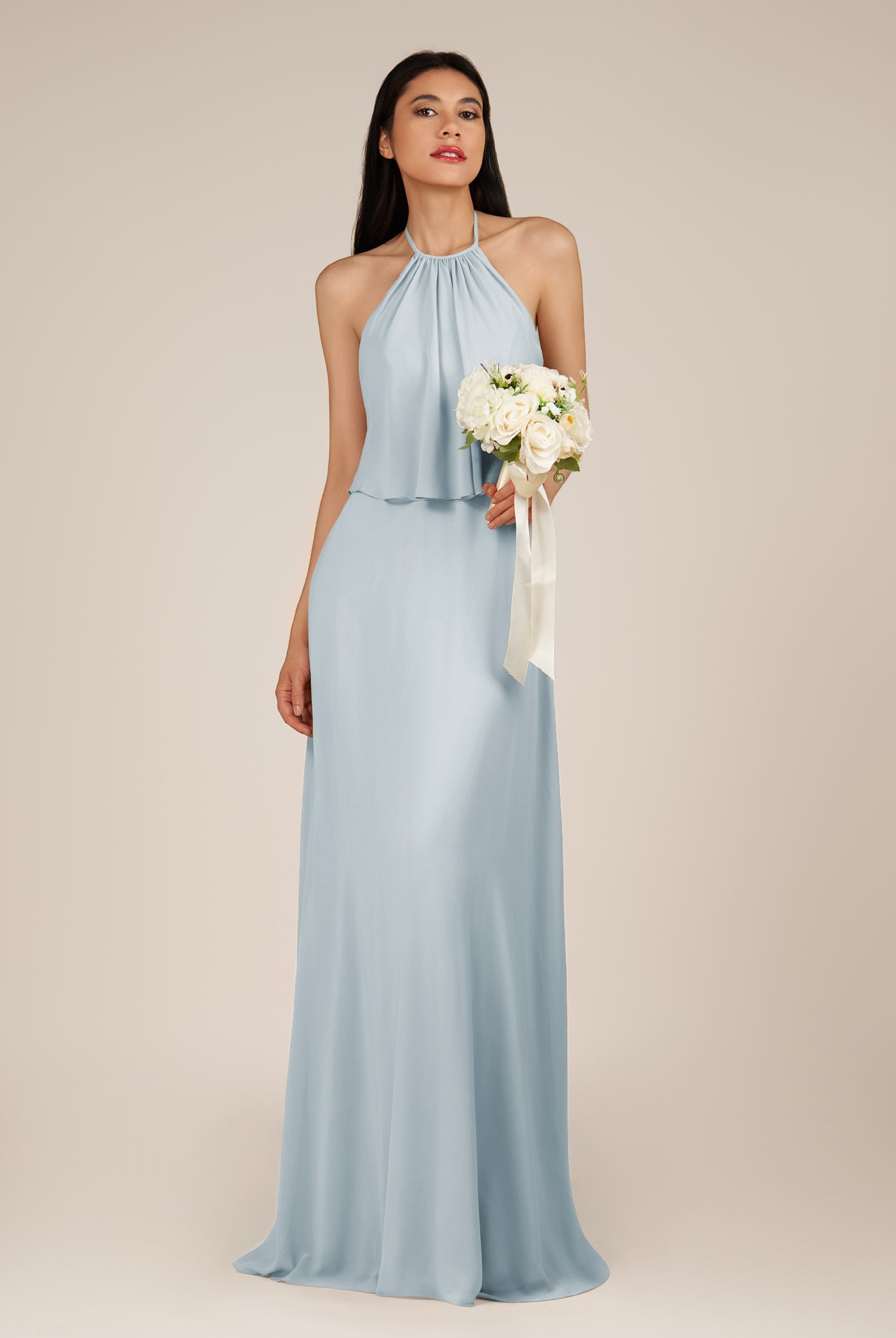 KissDress-Rhoswen Ice Sheath Chiffon Halter Neck Long Bridesmaid Dress