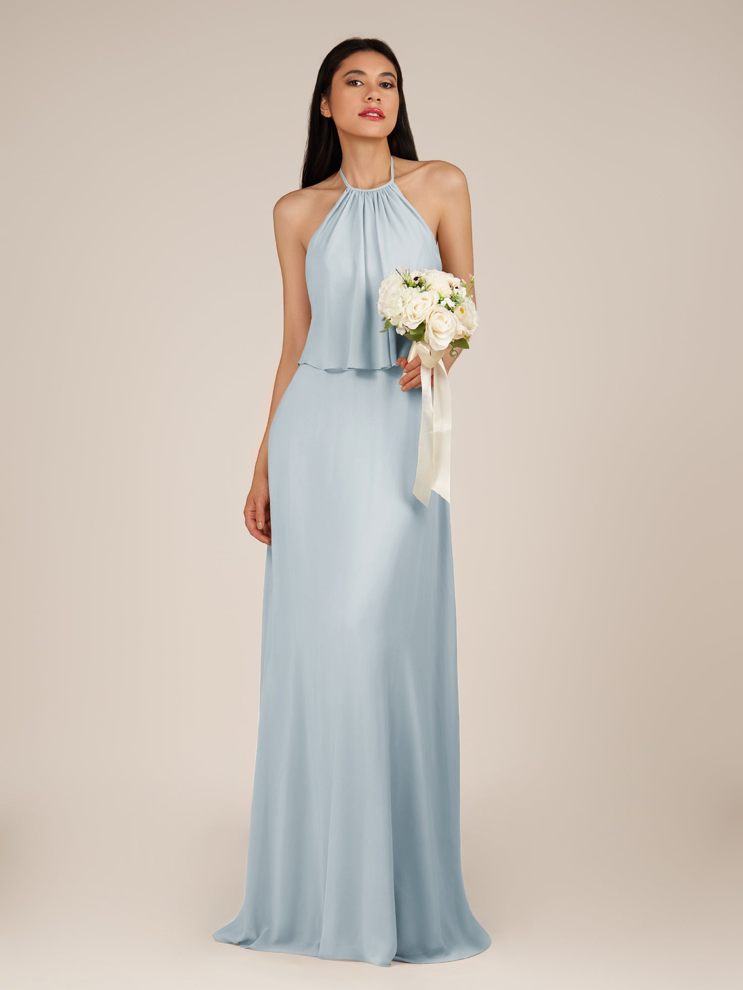 KissDress-Rhoswen Ice Sheath Chiffon Halter Neck Long Bridesmaid Dress