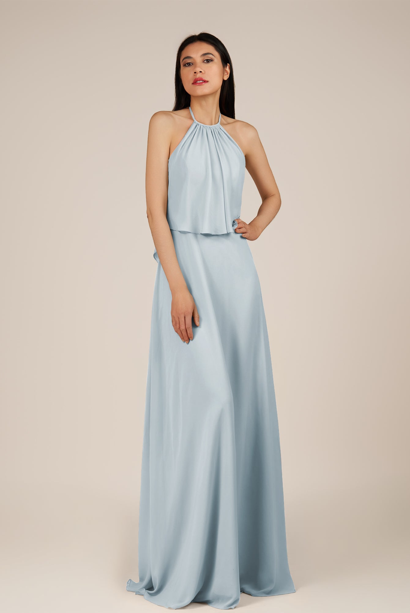 KissDress-Rhoswen Ice Sheath Chiffon Halter Neck Long Bridesmaid Dress