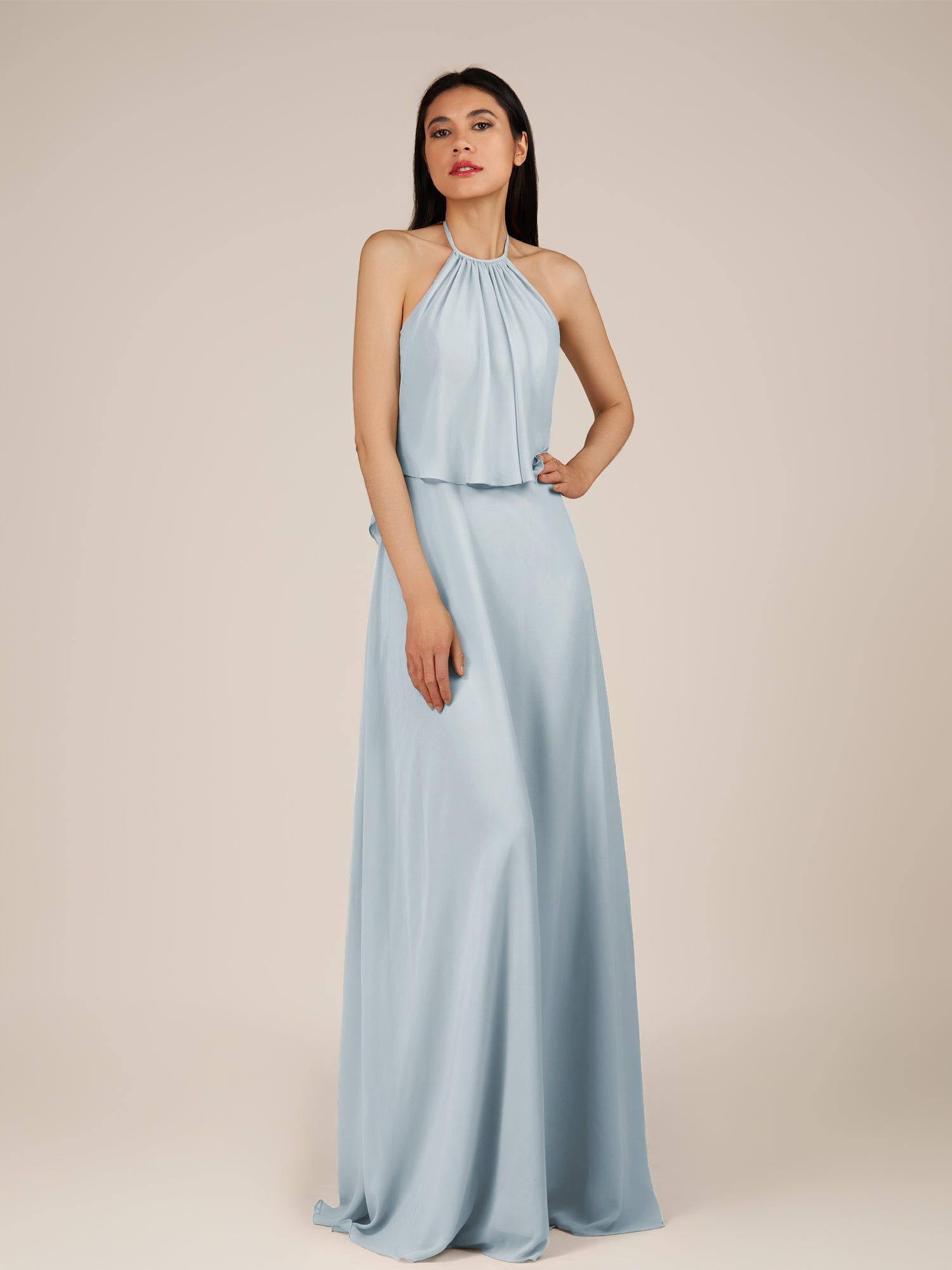 KissDress-Rhoswen Ice Sheath Chiffon Halter Neck Long Bridesmaid Dress