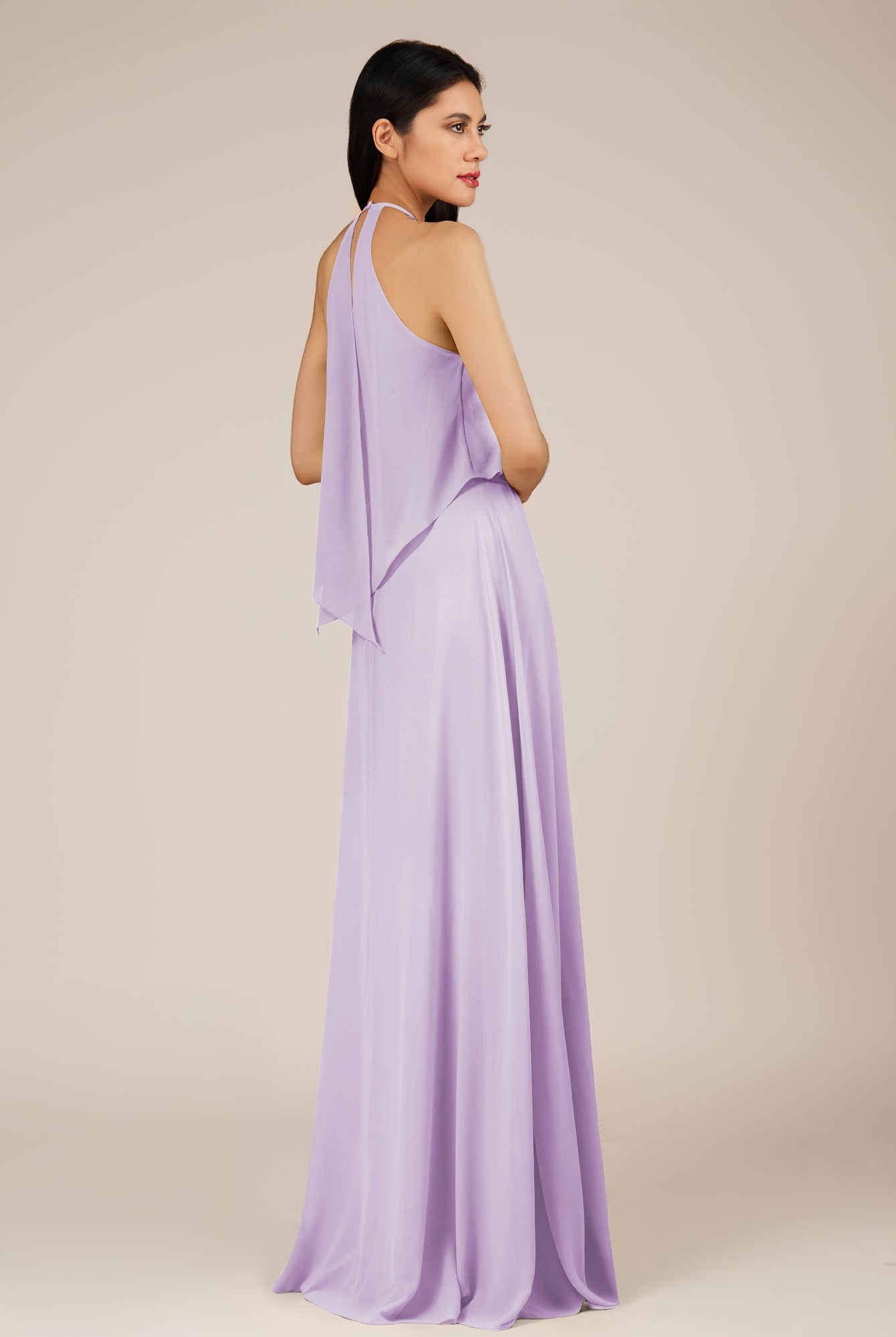 KissDress-Rhoswen Lavender Sheath Chiffon Halter Neck Long Bridesmaid Dress