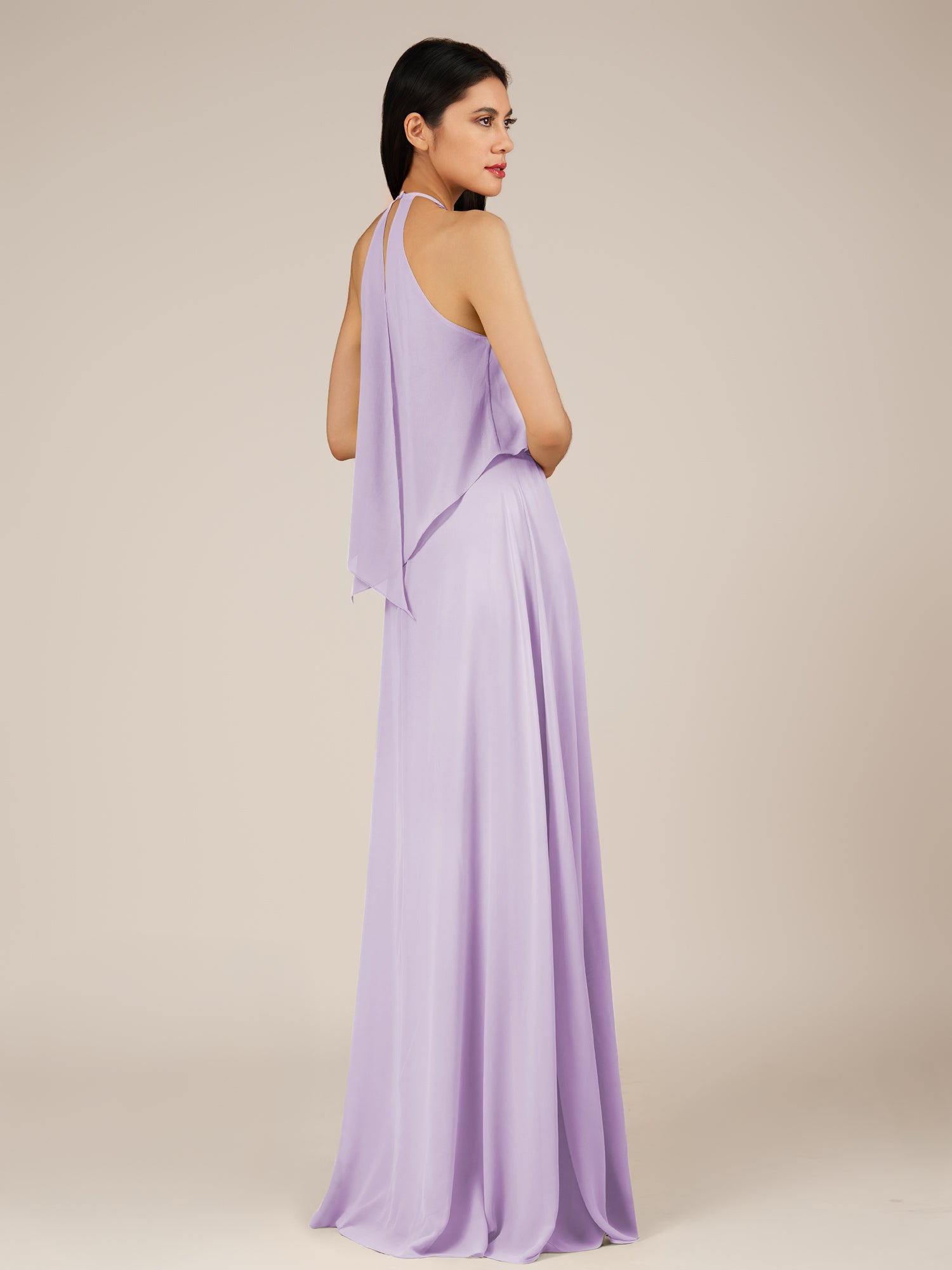 KissDress-Rhoswen Lavender Sheath Chiffon Halter Neck Long Bridesmaid Dress