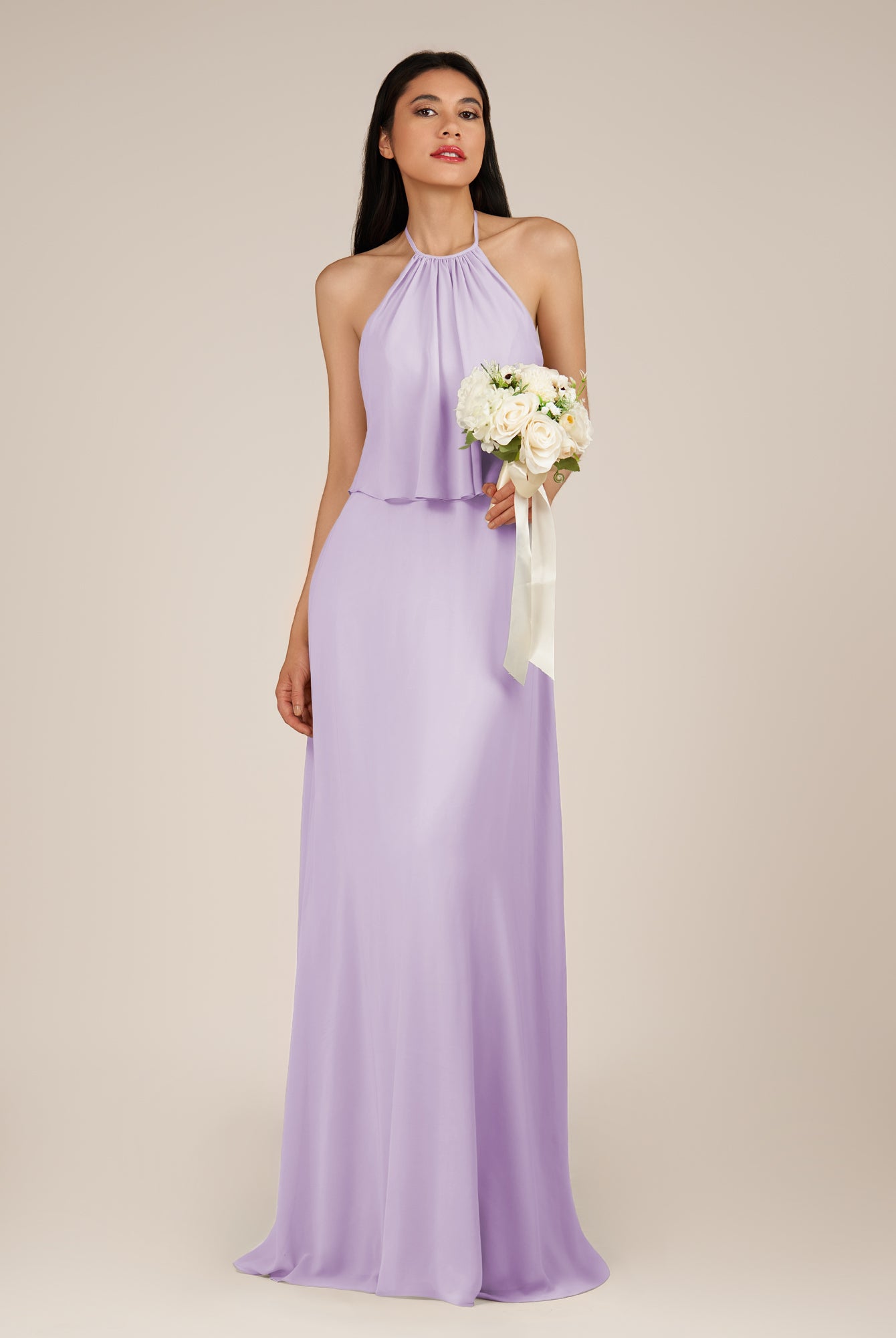 KissDress-Rhoswen Lavender Sheath Chiffon Halter Neck Long Bridesmaid Dress