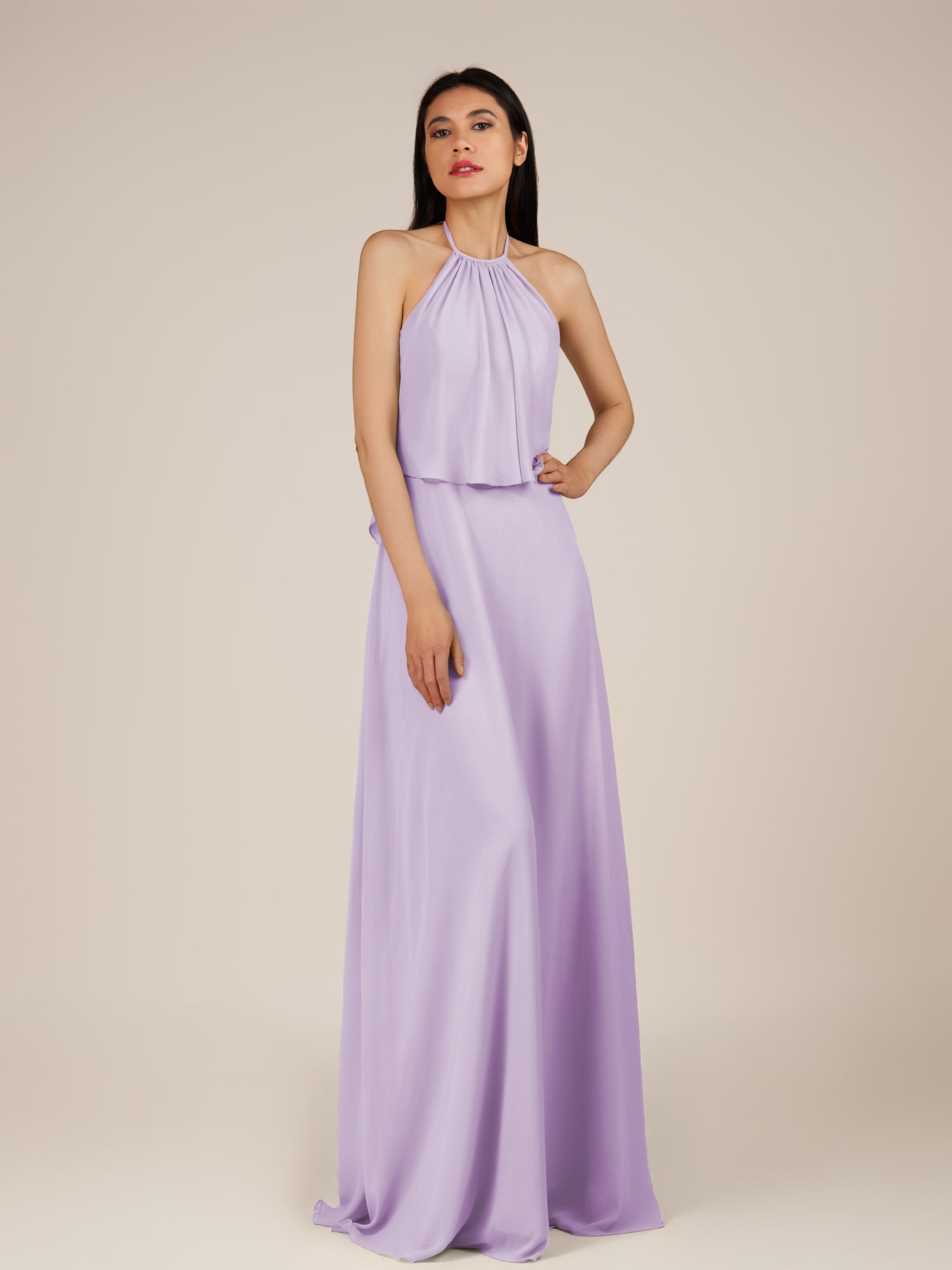 KissDress-Rhoswen Lavender Sheath Chiffon Halter Neck Long Bridesmaid Dress