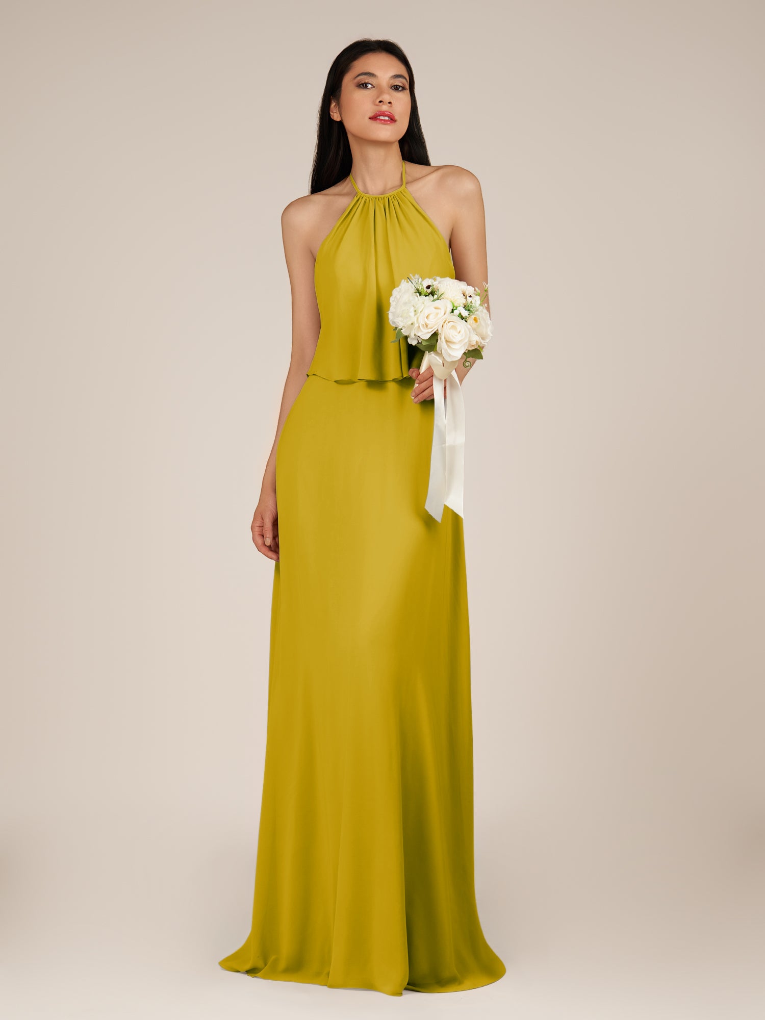 KissDress-Rhoswen Marigold Sheath Chiffon Halter Neck Long Bridesmaid Dress