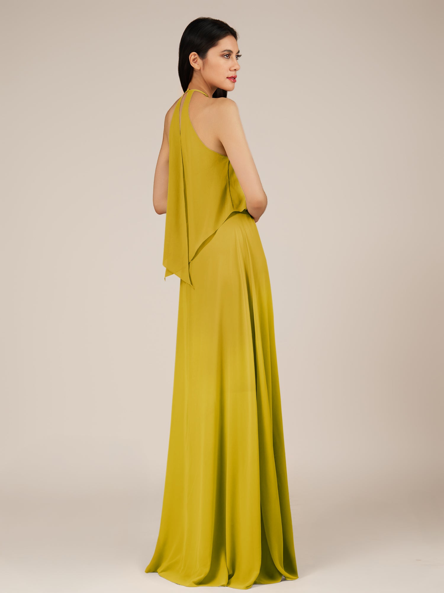 KissDress-Rhoswen Marigold Sheath Chiffon Halter Neck Long Bridesmaid Dress