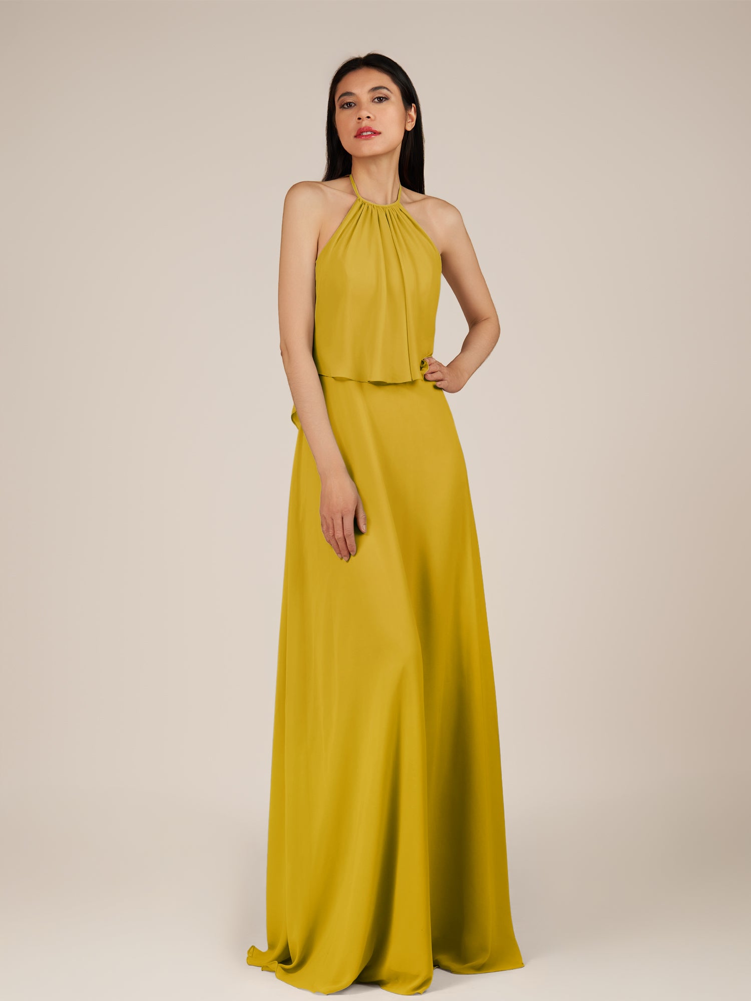 KissDress-Rhoswen Marigold Sheath Chiffon Halter Neck Long Bridesmaid Dress