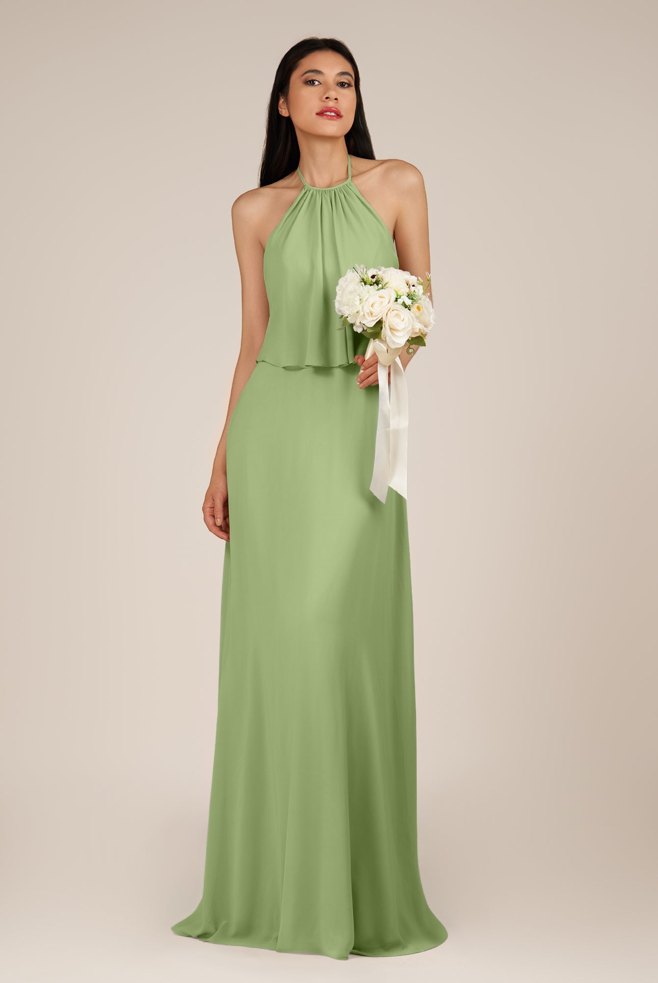 KissDress-Rhoswen Matcha Sheath Chiffon Halter Neck Long Bridesmaid Dress