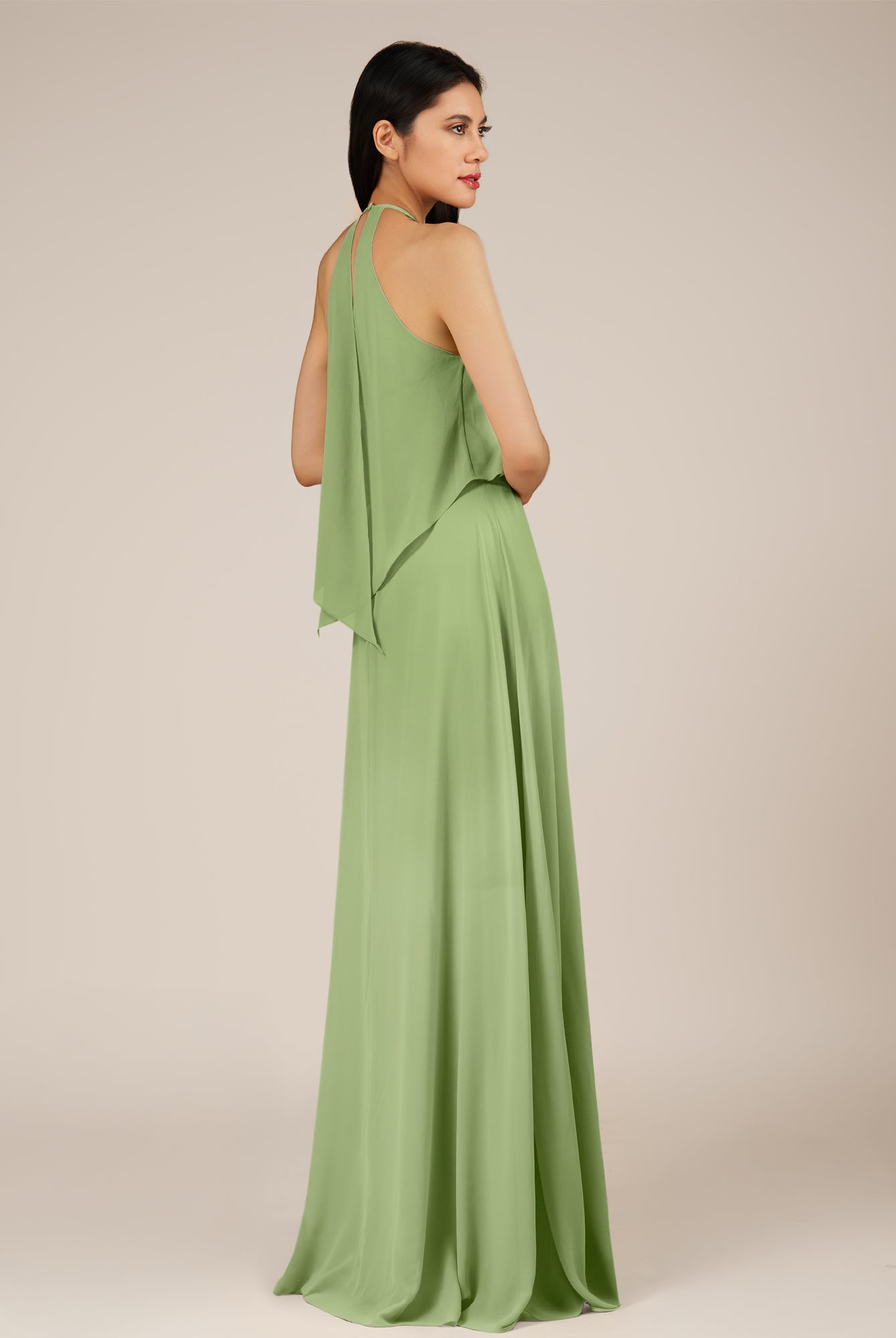 KissDress-Rhoswen Matcha Sheath Chiffon Halter Neck Long Bridesmaid Dress
