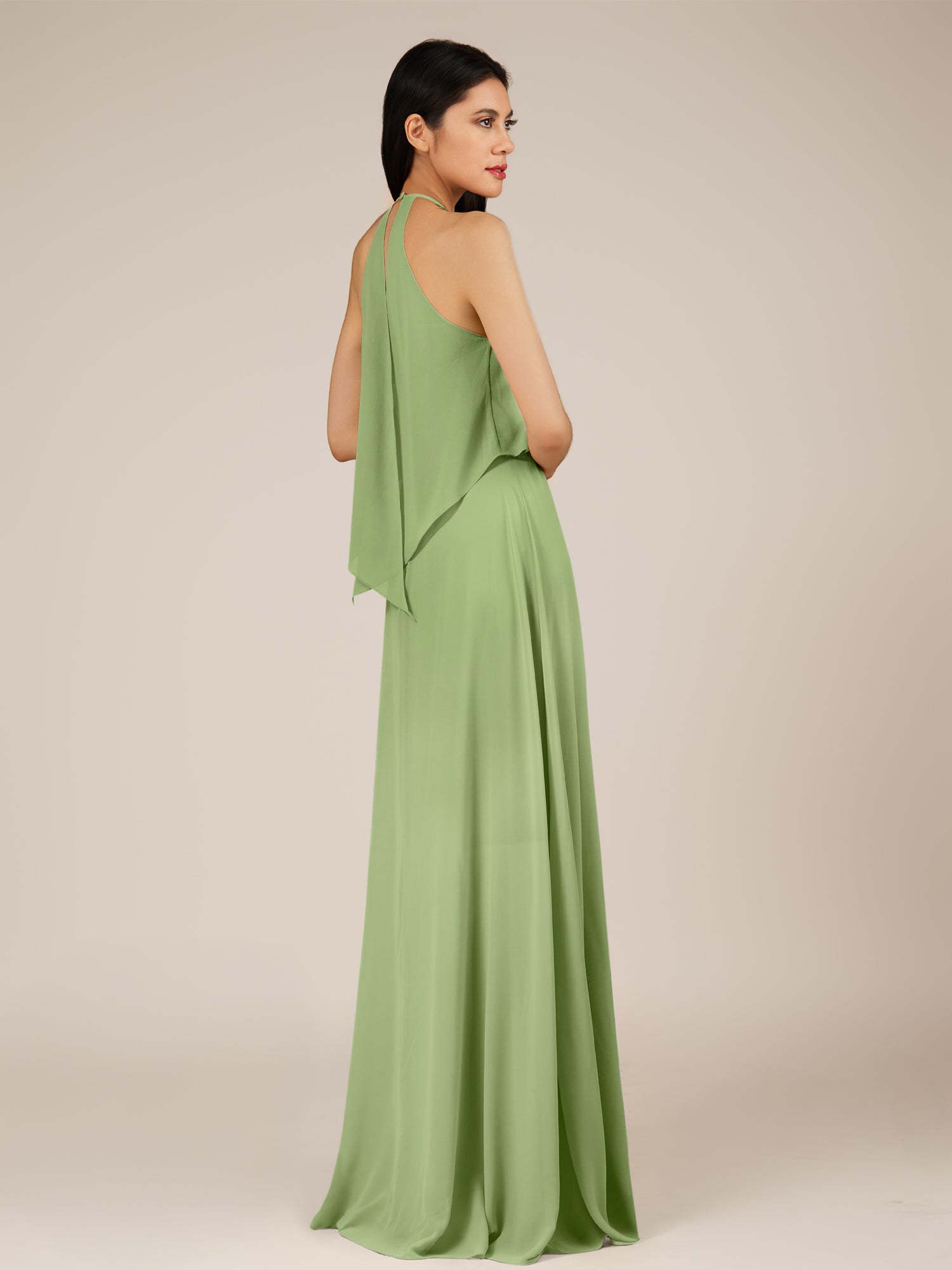 KissDress-Rhoswen Matcha Sheath Chiffon Halter Neck Long Bridesmaid Dress