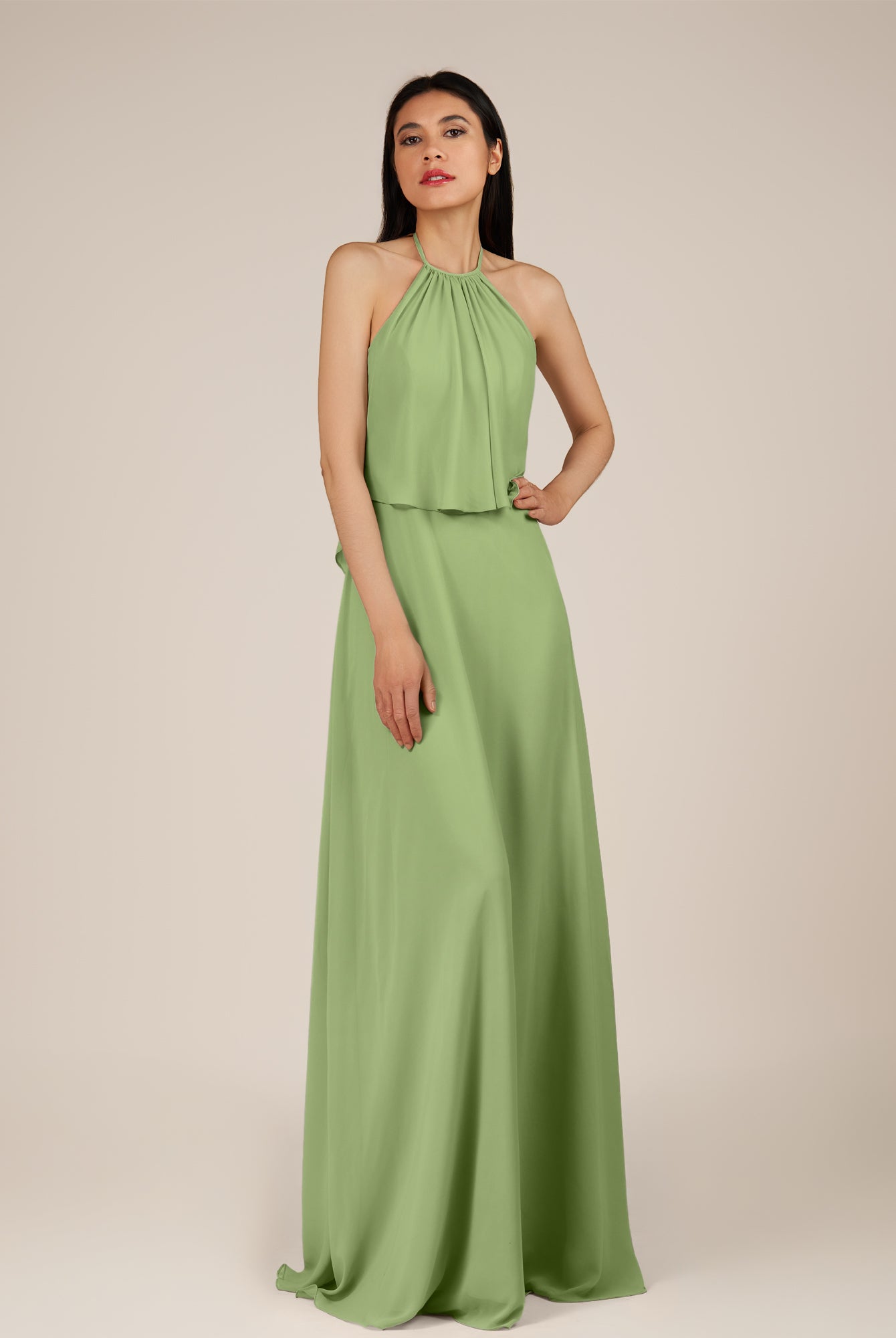 KissDress-Rhoswen Matcha Sheath Chiffon Halter Neck Long Bridesmaid Dress