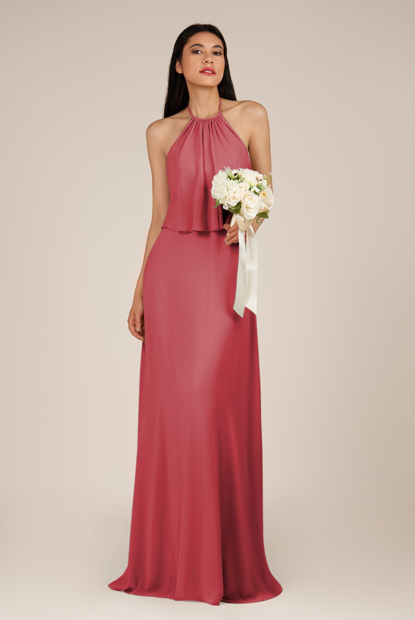 KissDress-Rhoswen Merlot Sheath Chiffon Halter Neck Long Bridesmaid Dress