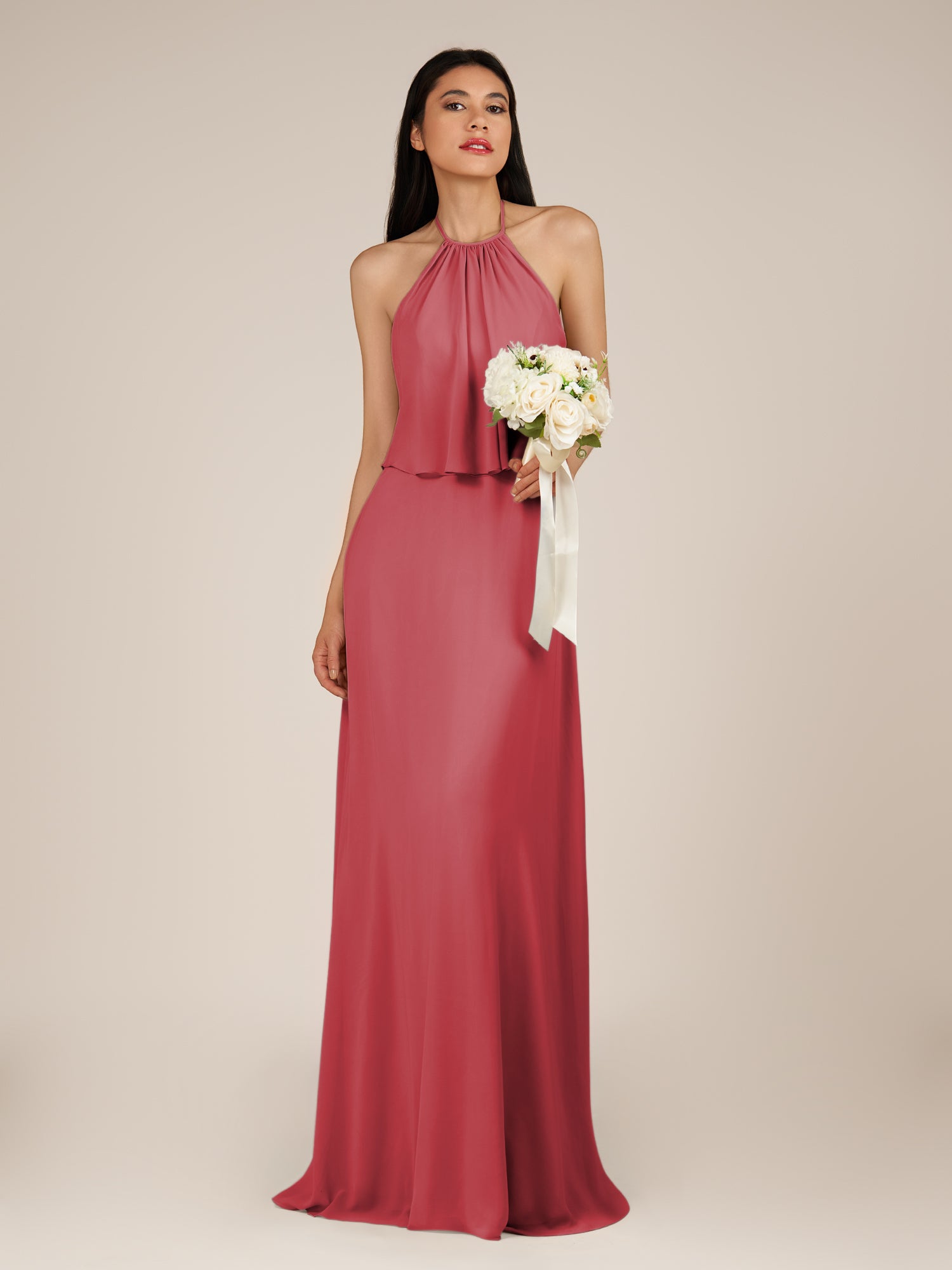 KissDress-Rhoswen Merlot Sheath Chiffon Halter Neck Long Bridesmaid Dress