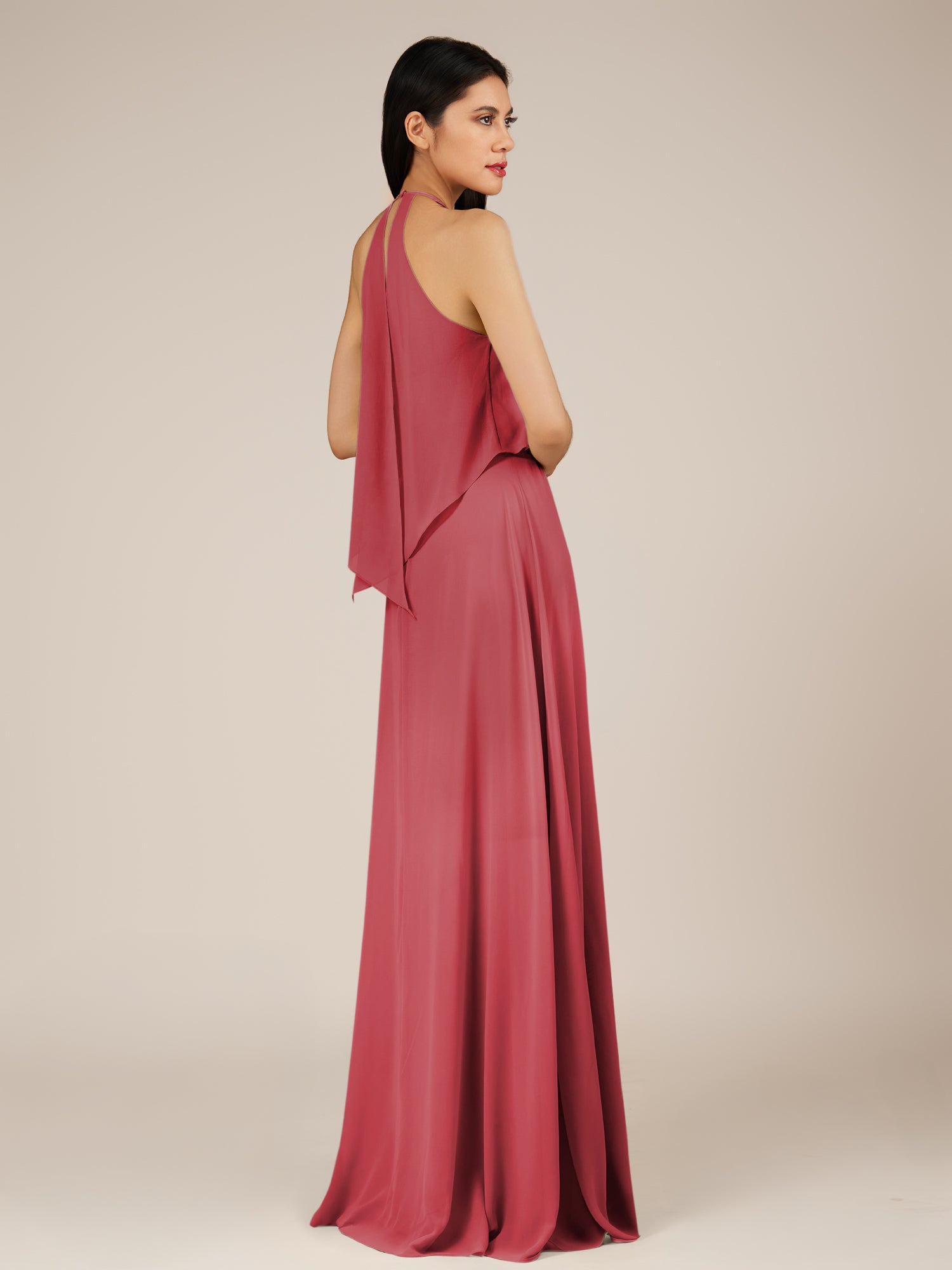 KissDress-Rhoswen Merlot Sheath Chiffon Halter Neck Long Bridesmaid Dress