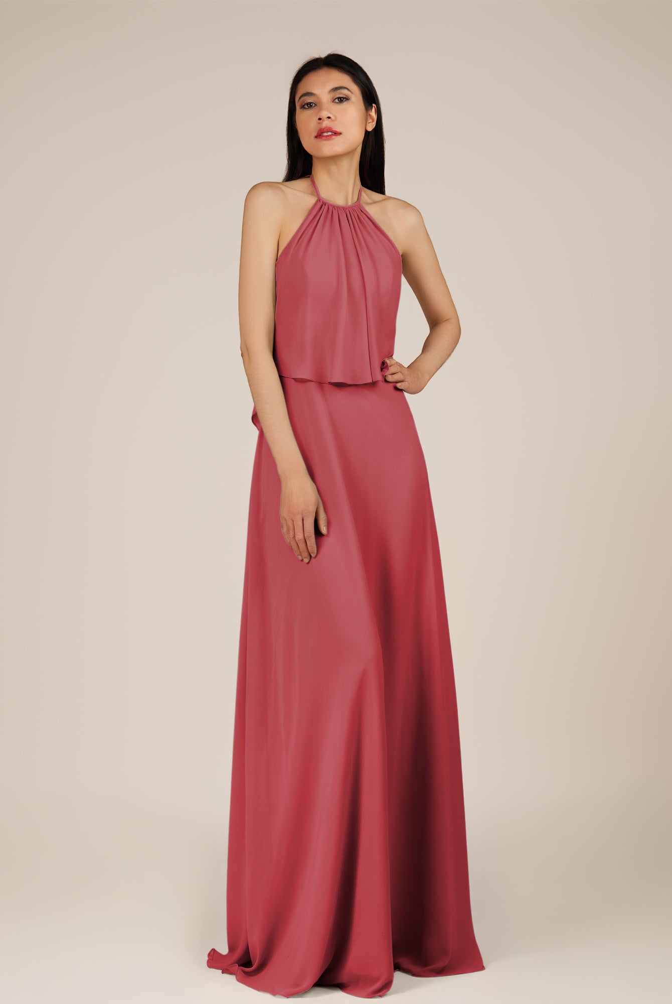 KissDress-Rhoswen Merlot Sheath Chiffon Halter Neck Long Bridesmaid Dress