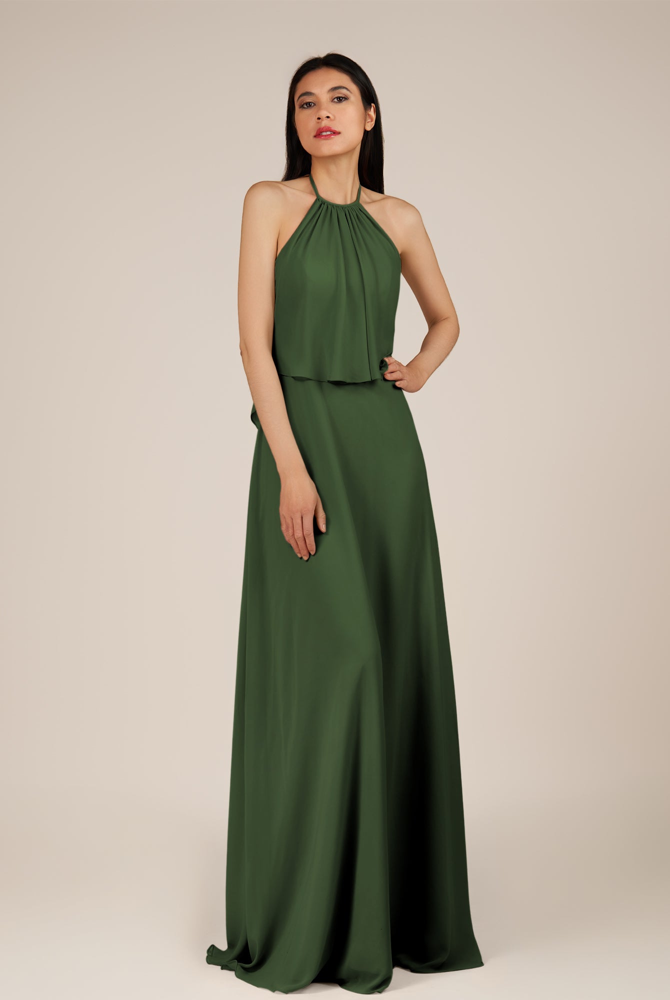 KissDress-Rhoswen Moss Sheath Chiffon Halter Neck Long Bridesmaid Dress
