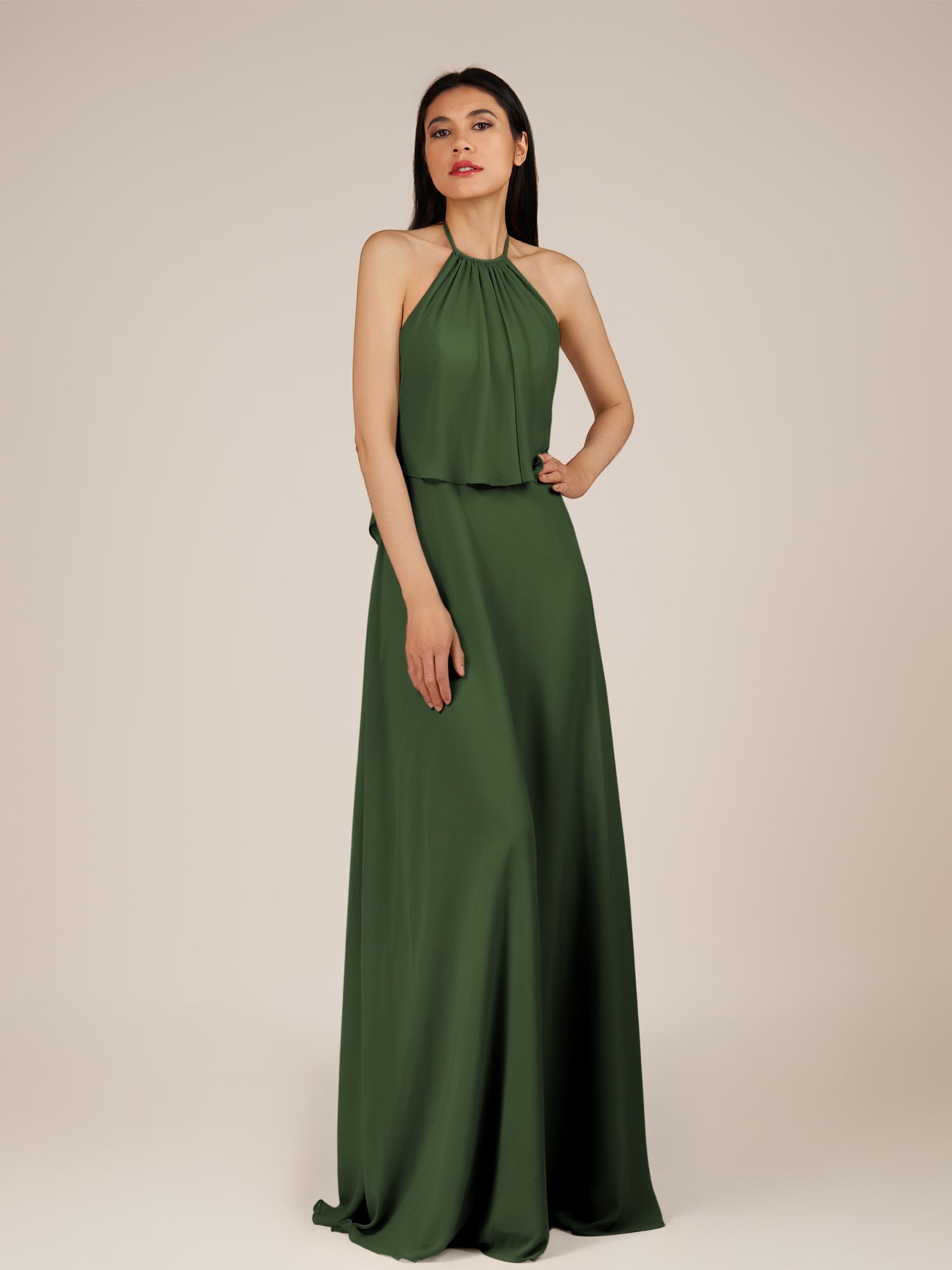 KissDress-Rhoswen Moss Sheath Chiffon Halter Neck Long Bridesmaid Dress