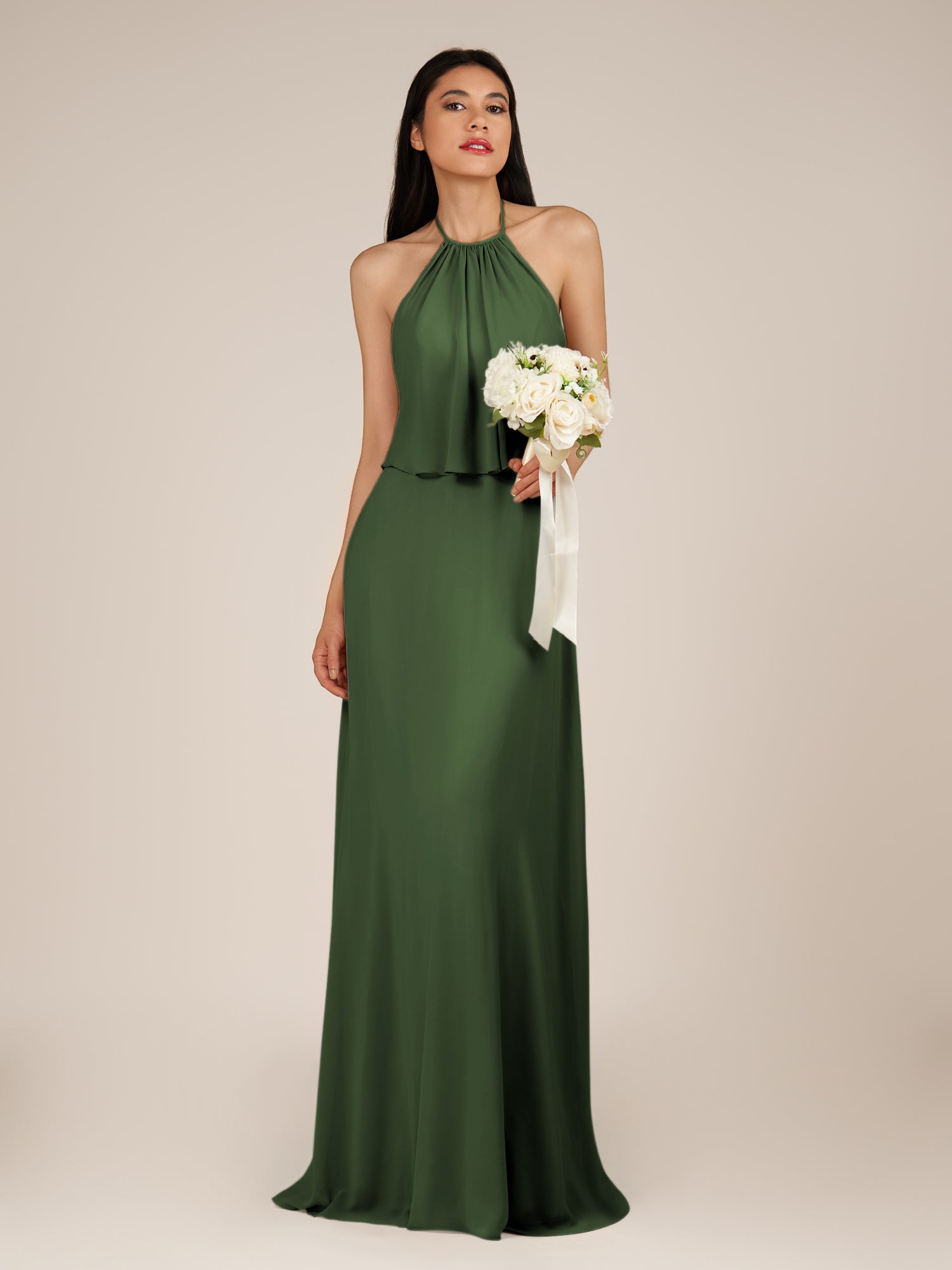 KissDress-Rhoswen Moss Sheath Chiffon Halter Neck Long Bridesmaid Dress