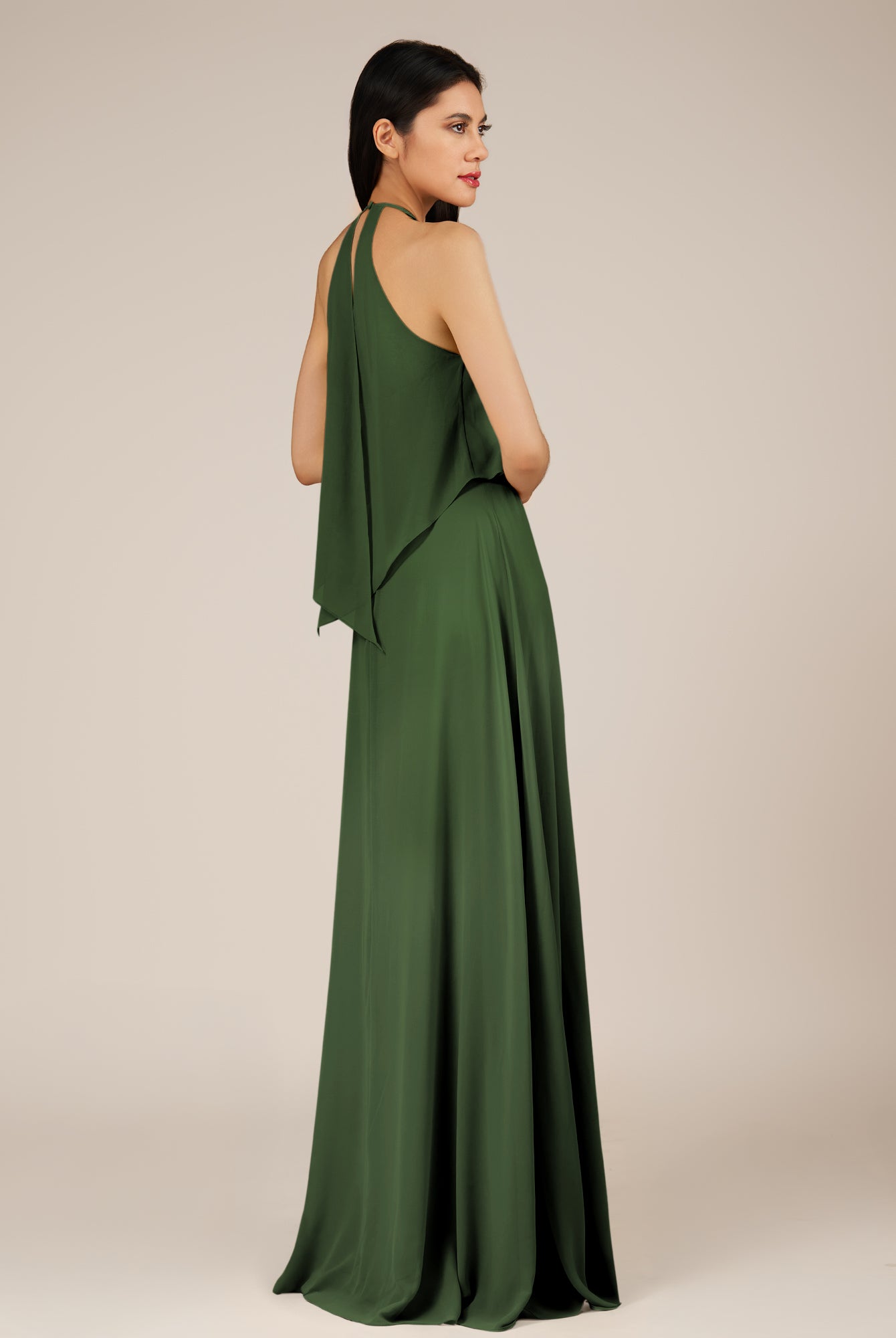 KissDress-Rhoswen Moss Sheath Chiffon Halter Neck Long Bridesmaid Dress