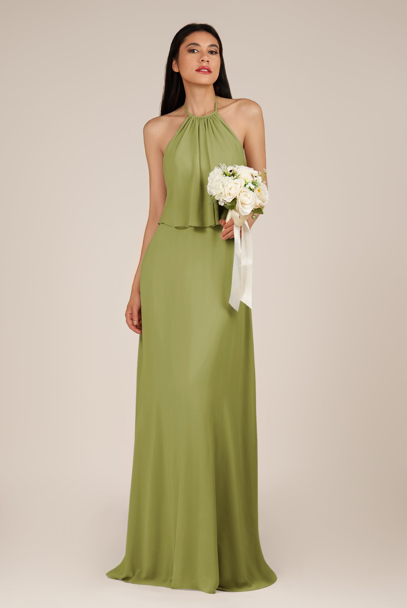 KissDress-Rhoswen Moss Green Sheath Chiffon Halter Neck Long Bridesmaid Dress