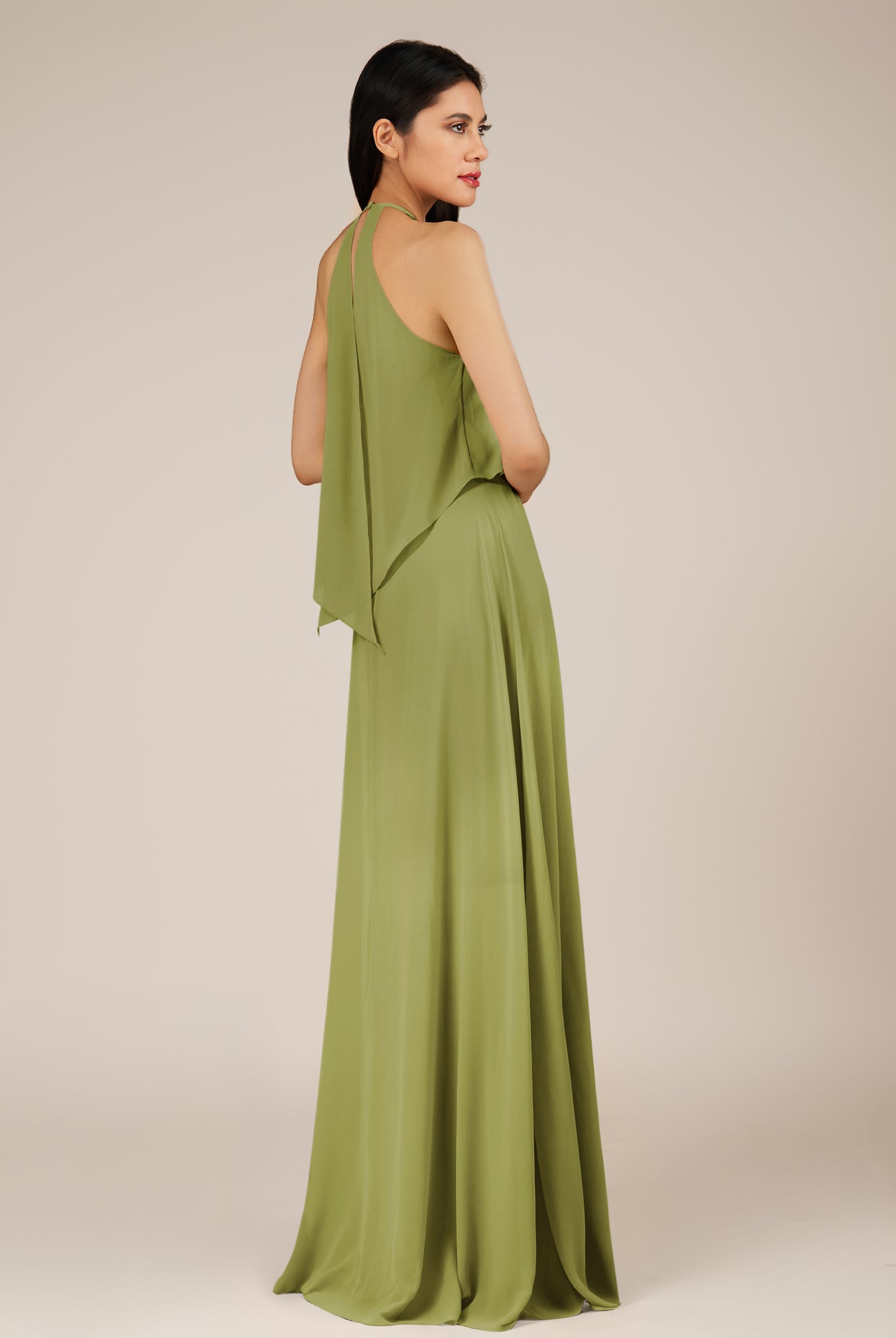 KissDress-Rhoswen Moss Green Sheath Chiffon Halter Neck Long Bridesmaid Dress
