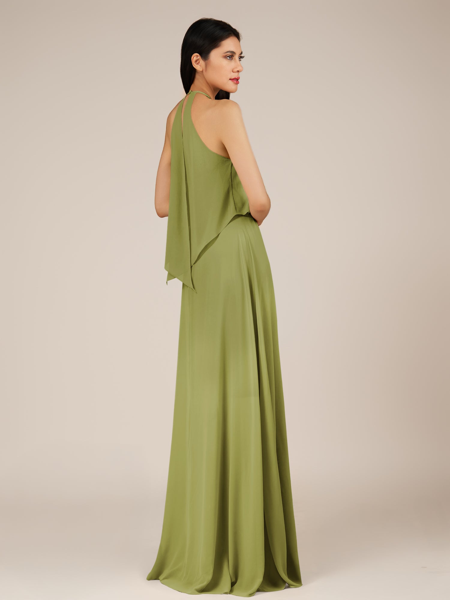 KissDress-Rhoswen Moss Green Sheath Chiffon Halter Neck Long Bridesmaid Dress