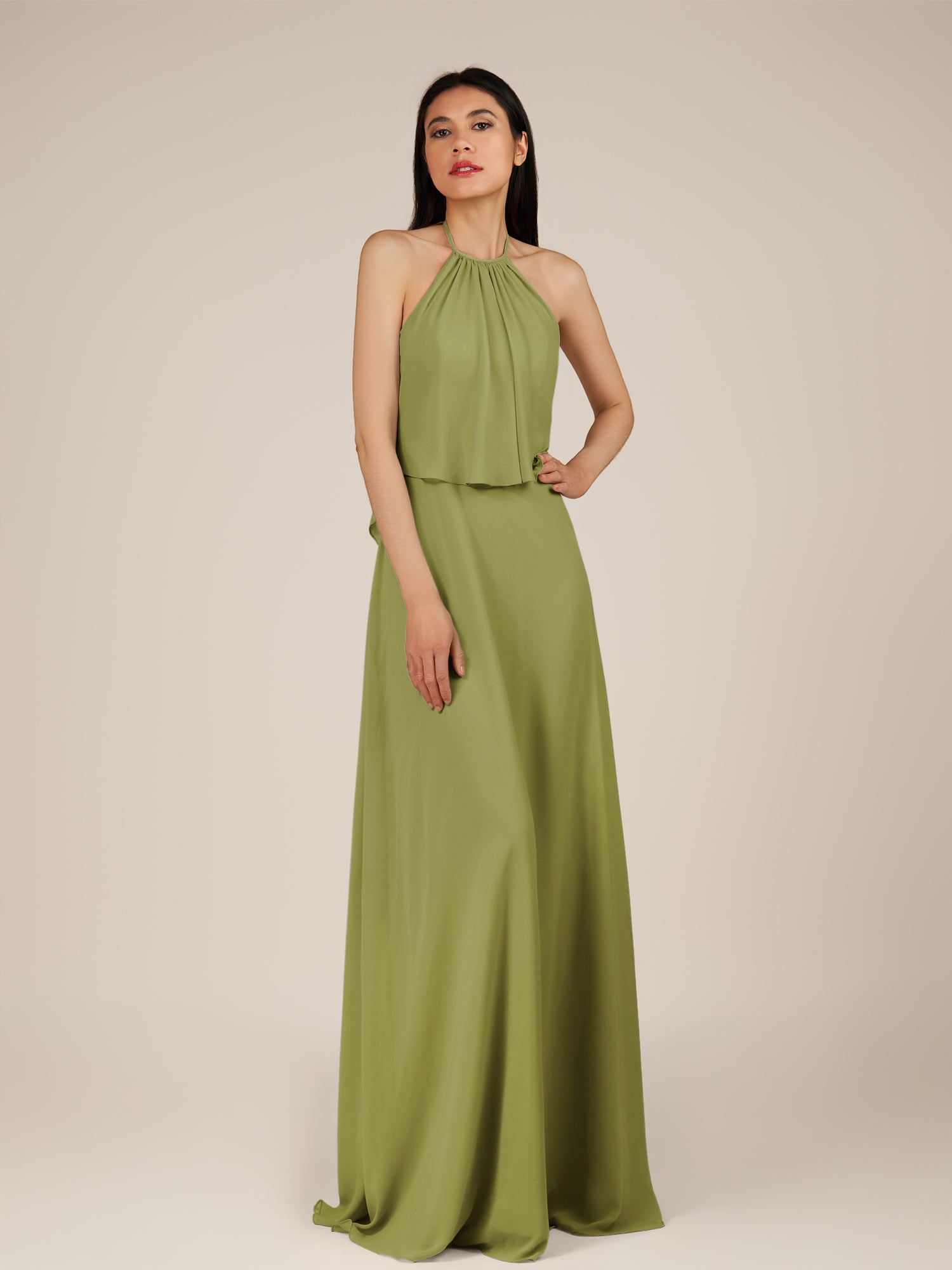 KissDress-Rhoswen Moss Green Sheath Chiffon Halter Neck Long Bridesmaid Dress