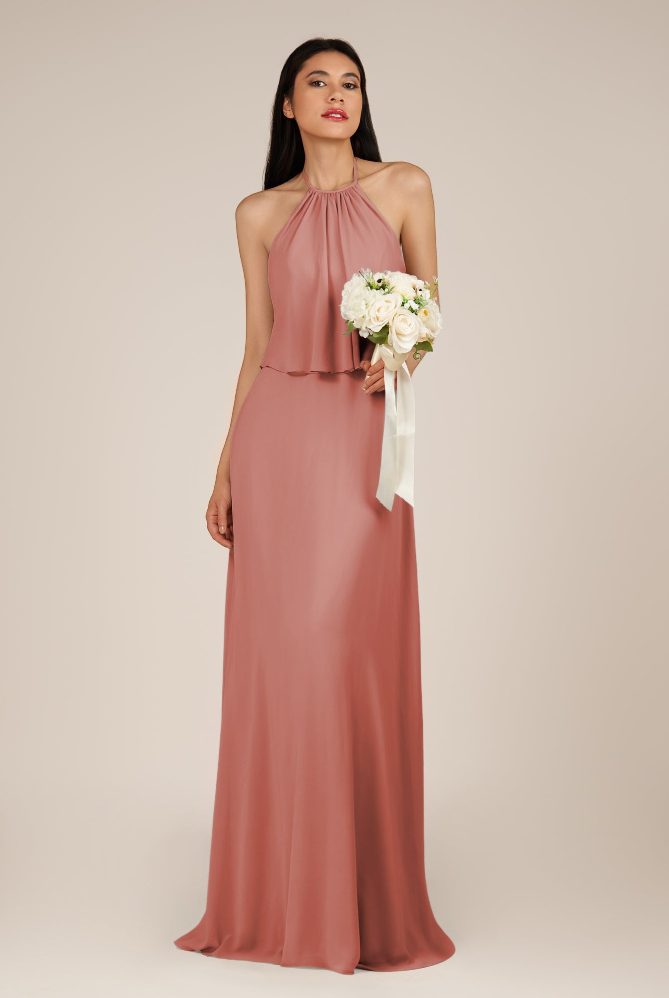 KissDress-Rhoswen Mulberry Sheath Chiffon Halter Neck Long Bridesmaid Dress