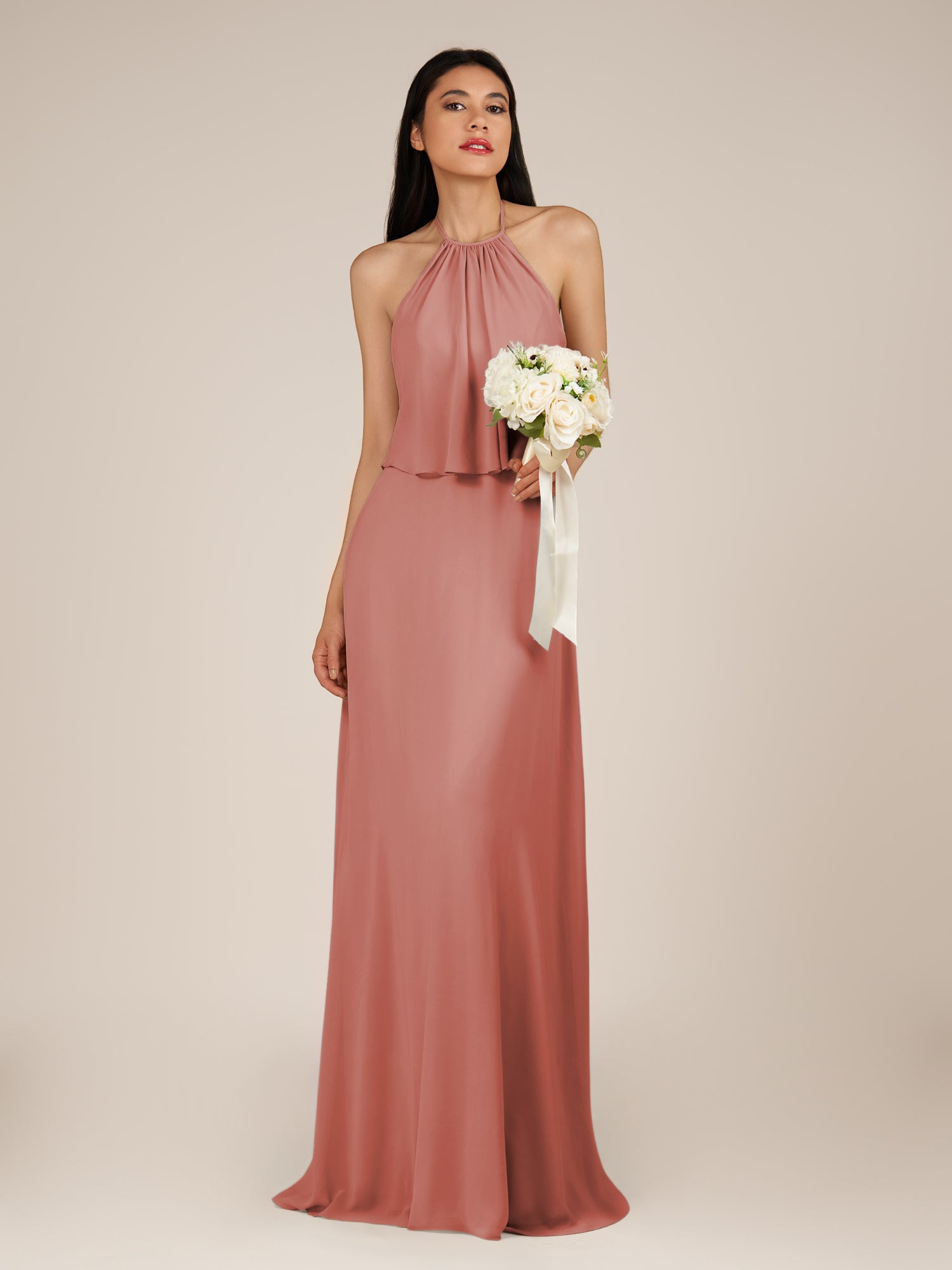 KissDress-Rhoswen Mulberry Sheath Chiffon Halter Neck Long Bridesmaid Dress