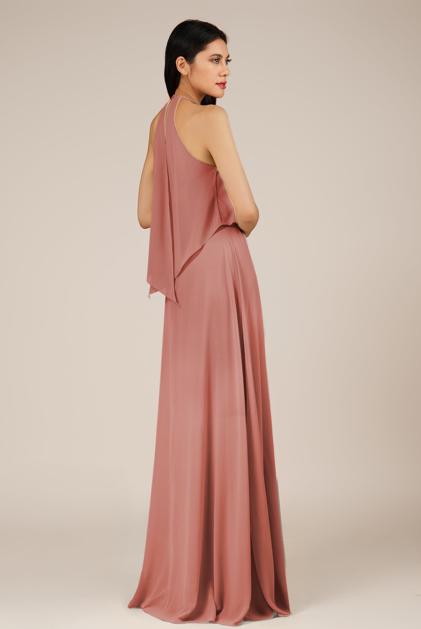 KissDress-Rhoswen Mulberry Sheath Chiffon Halter Neck Long Bridesmaid Dress
