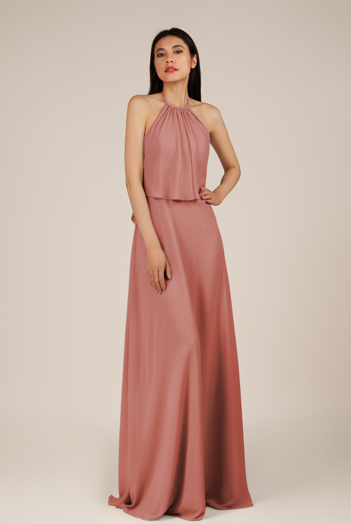 KissDress-Rhoswen Mulberry Sheath Chiffon Halter Neck Long Bridesmaid Dress