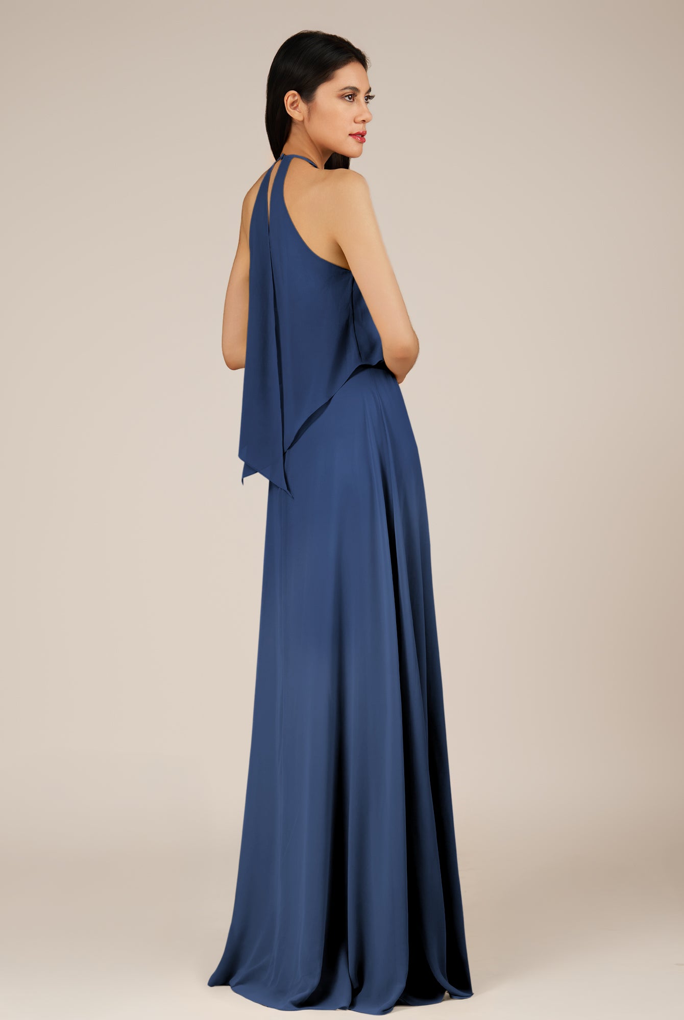 KissDress-Rhoswen Navy Sheath Chiffon Halter Neck Long Bridesmaid Dress