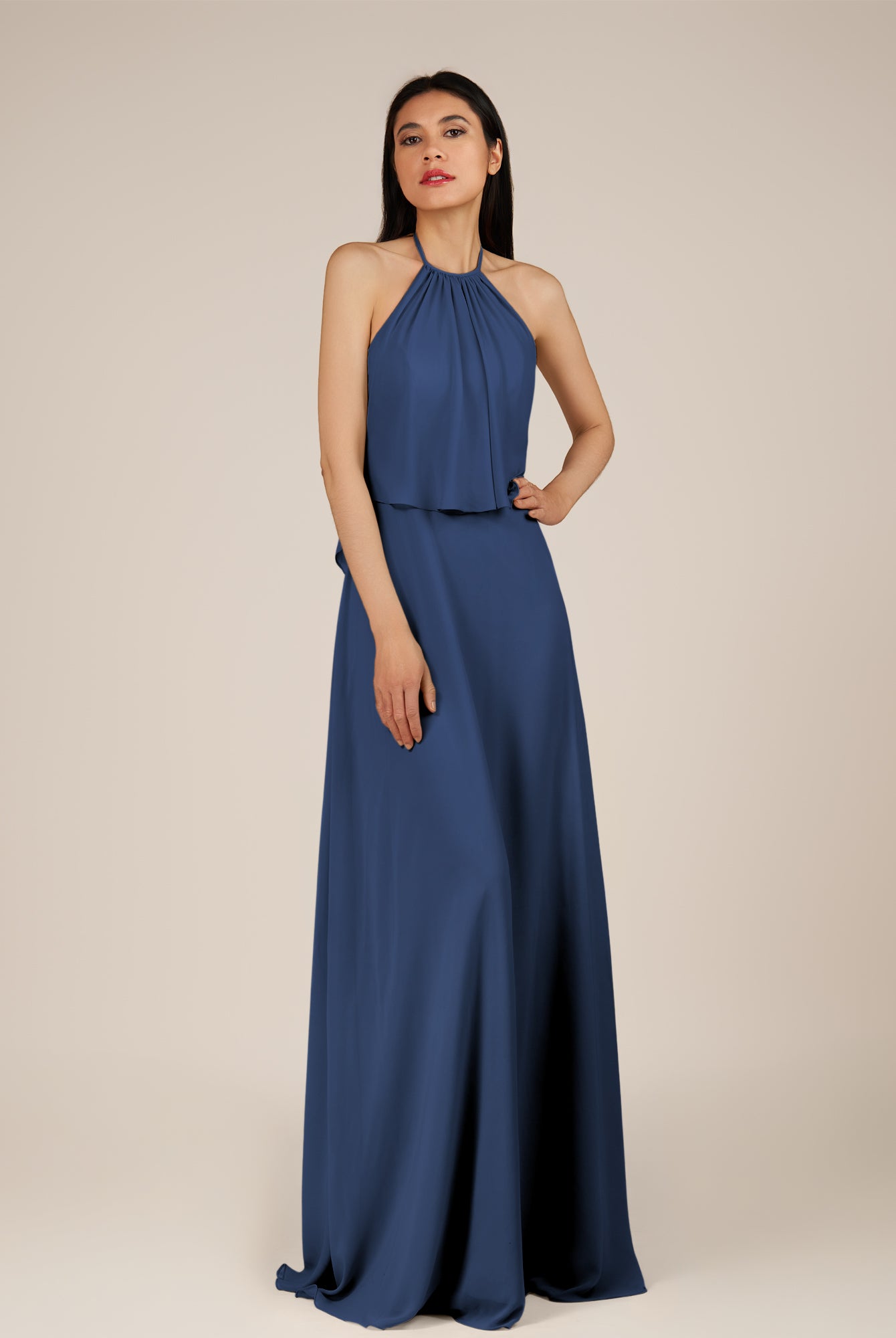KissDress-Rhoswen Navy Sheath Chiffon Halter Neck Long Bridesmaid Dress