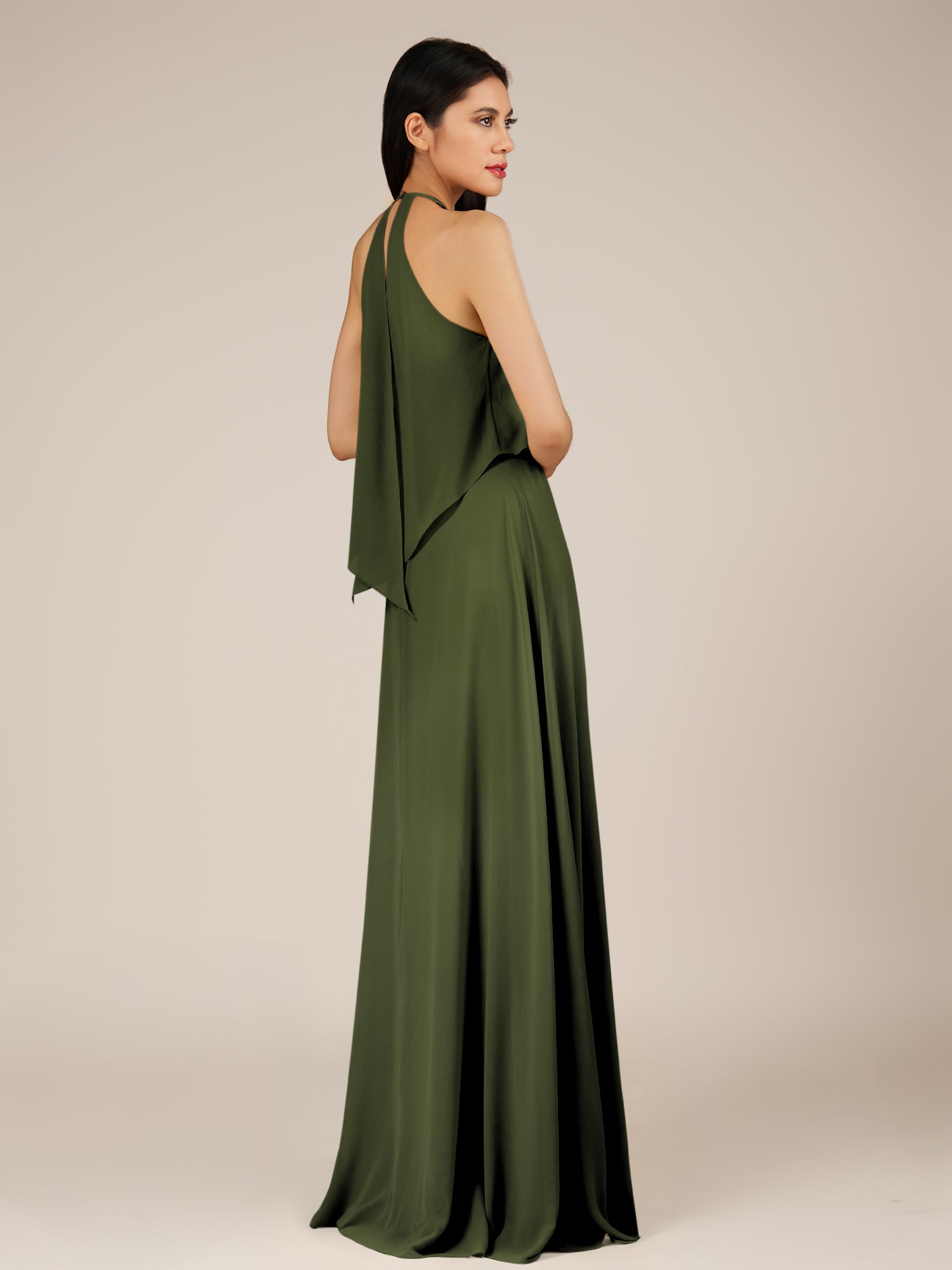 KissDress-Rhoswen Olive Sheath Chiffon Halter Neck Long Bridesmaid Dress