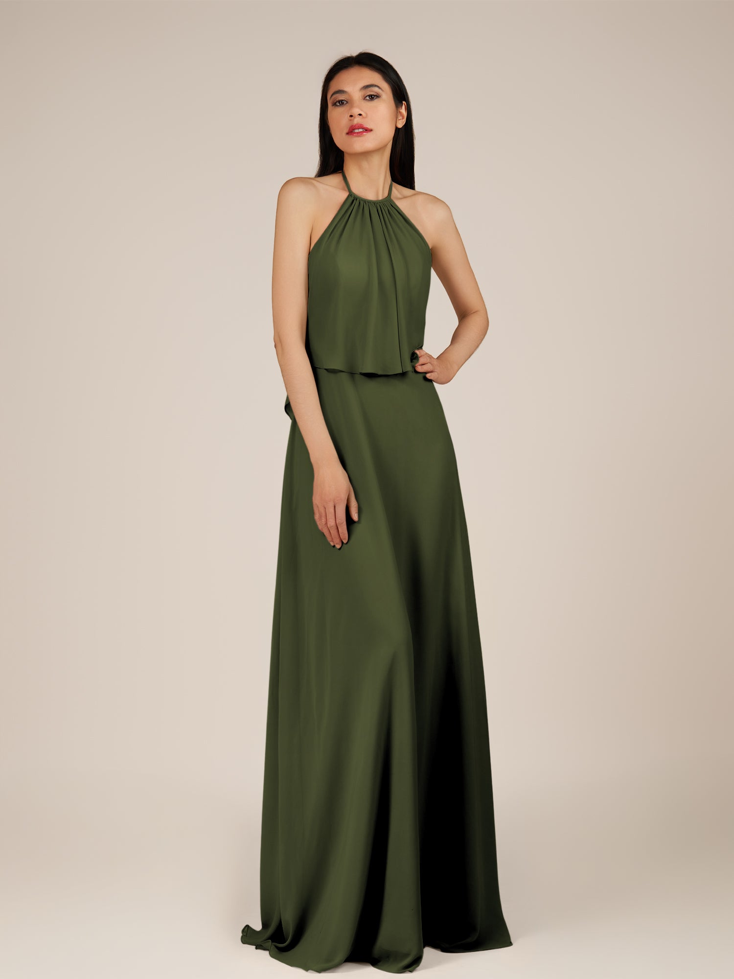 KissDress-Rhoswen Olive Sheath Chiffon Halter Neck Long Bridesmaid Dress