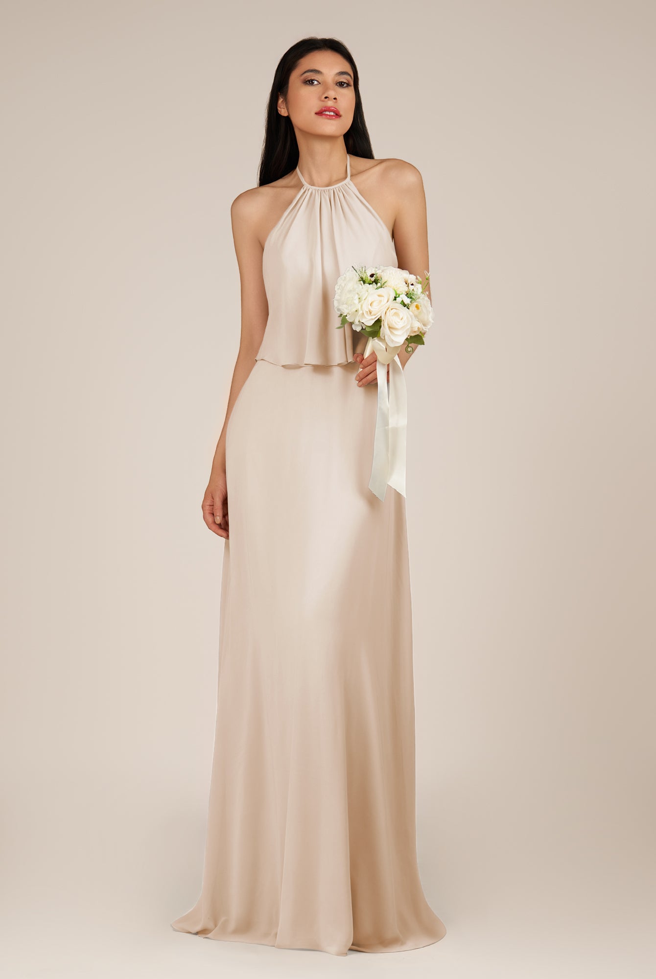 KissDress-Rhoswen Pale Blush Sheath Chiffon Halter Neck Long Bridesmaid Dress