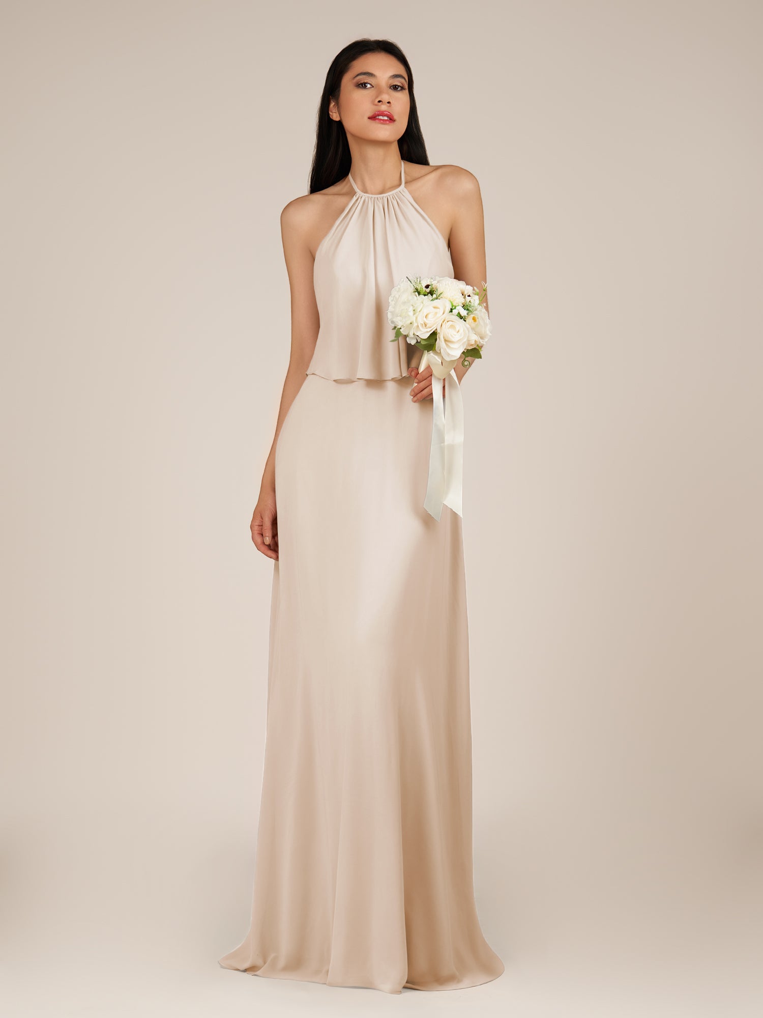 KissDress-Rhoswen Pale Blush Sheath Chiffon Halter Neck Long Bridesmaid Dress