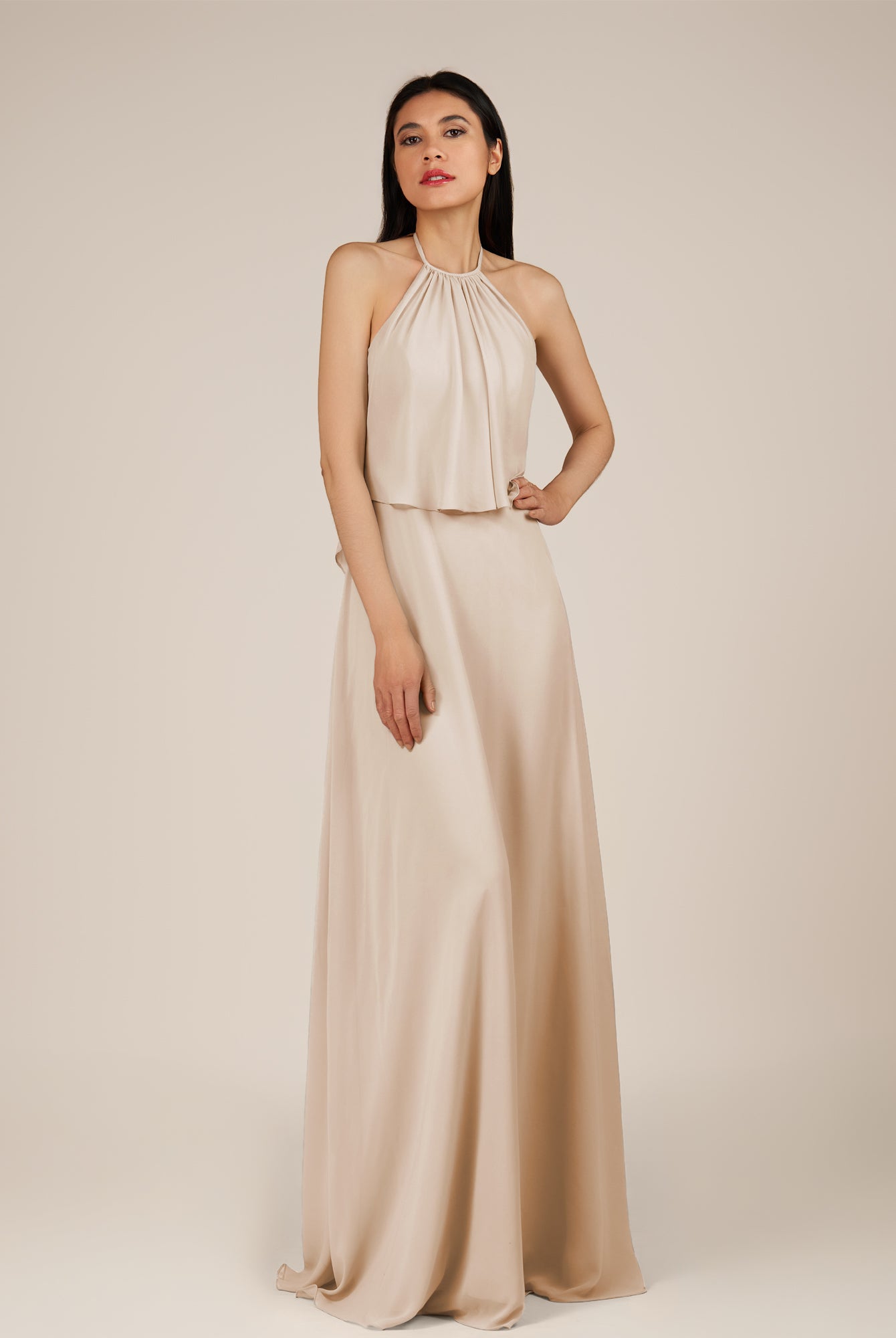 KissDress-Rhoswen Pale Blush Sheath Chiffon Halter Neck Long Bridesmaid Dress