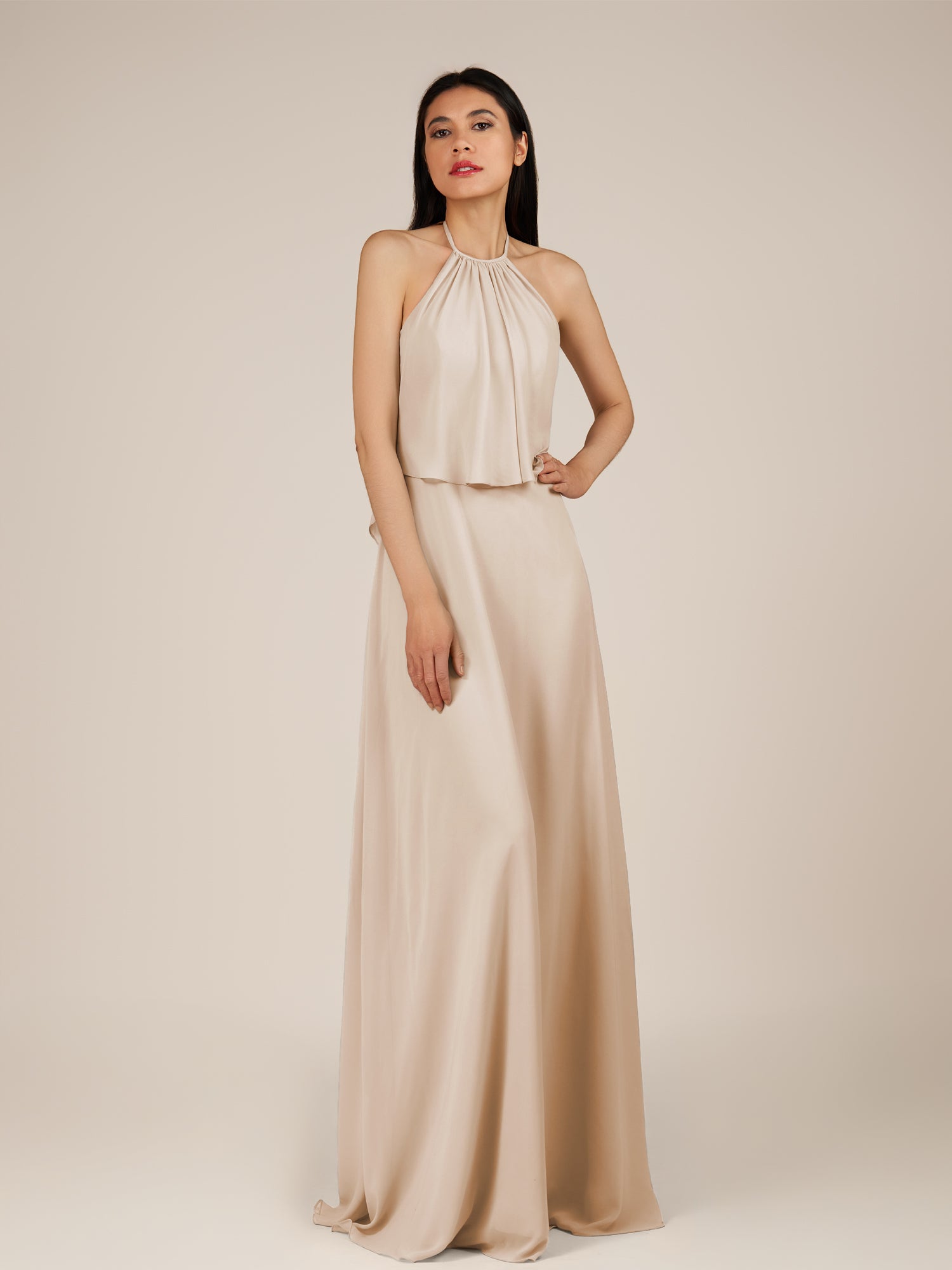 KissDress-Rhoswen Pale Blush Sheath Chiffon Halter Neck Long Bridesmaid Dress