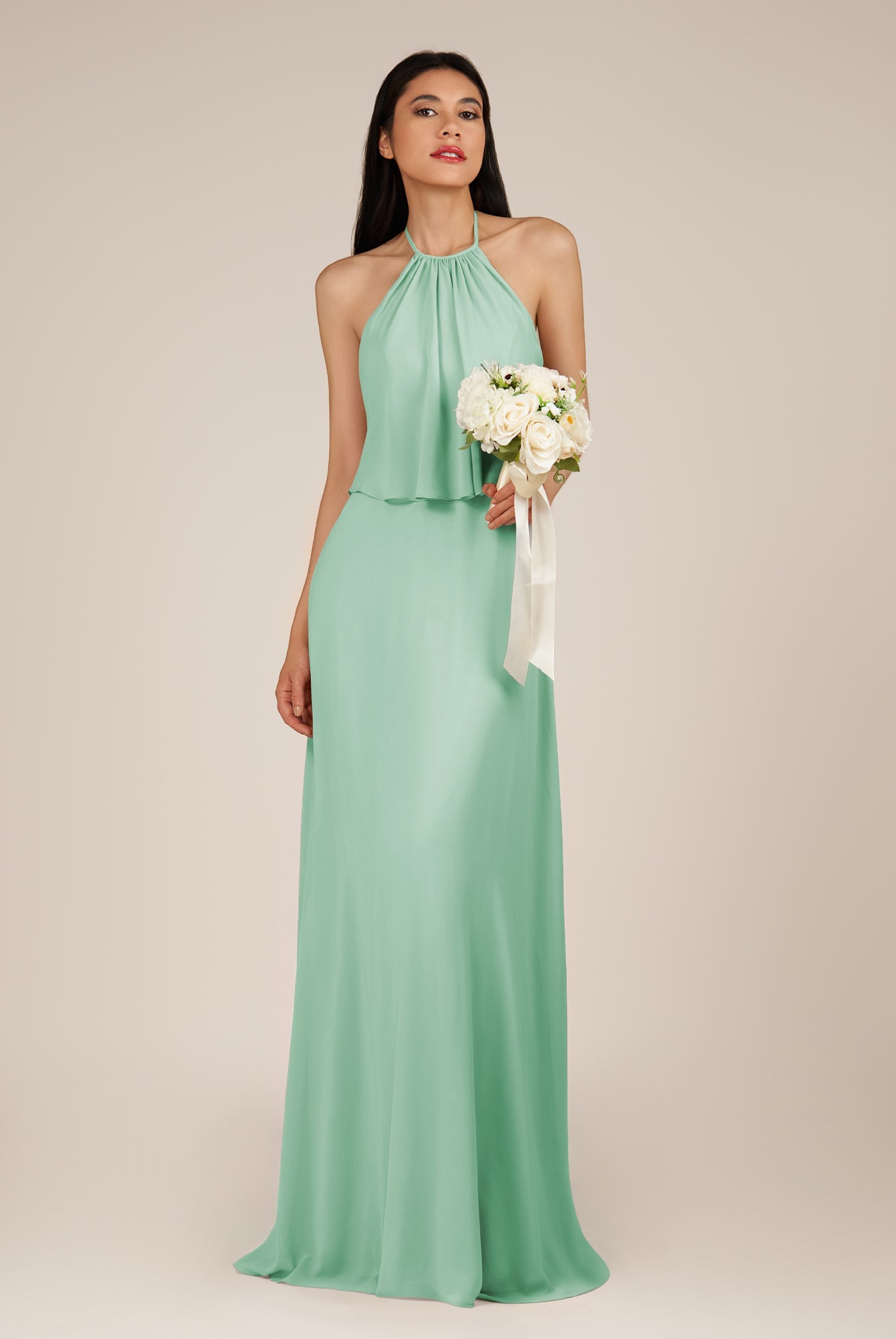 KissDress-Rhoswen Pale Pistachio Sheath Chiffon Halter Neck Long Bridesmaid Dress