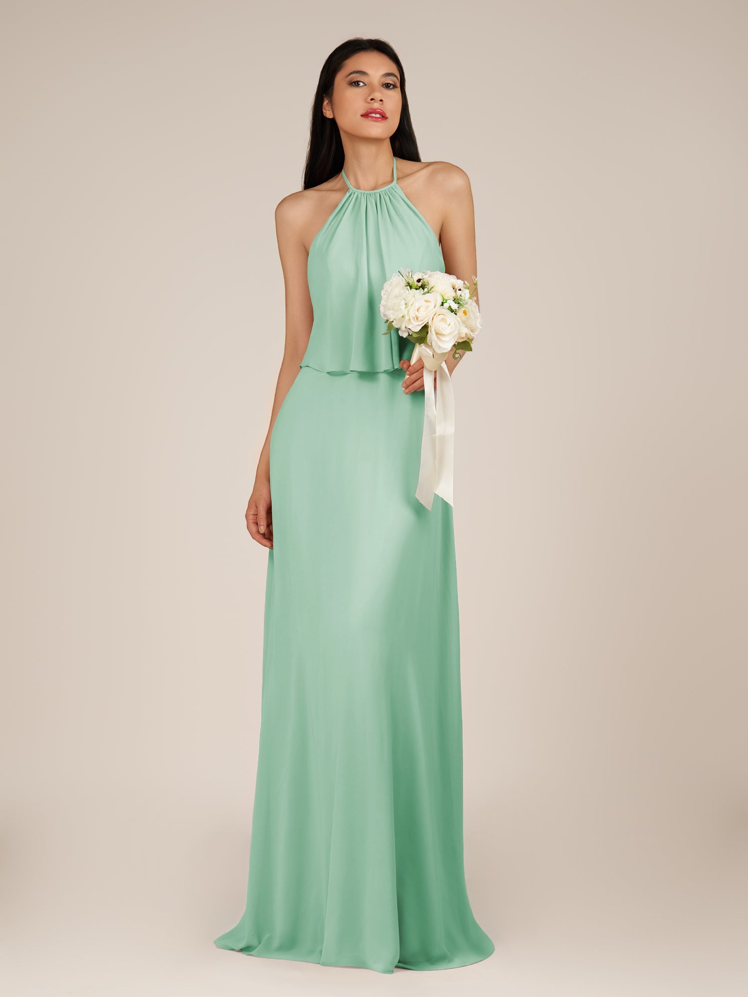 KissDress-Rhoswen Pale Pistachio Sheath Chiffon Halter Neck Long Bridesmaid Dress