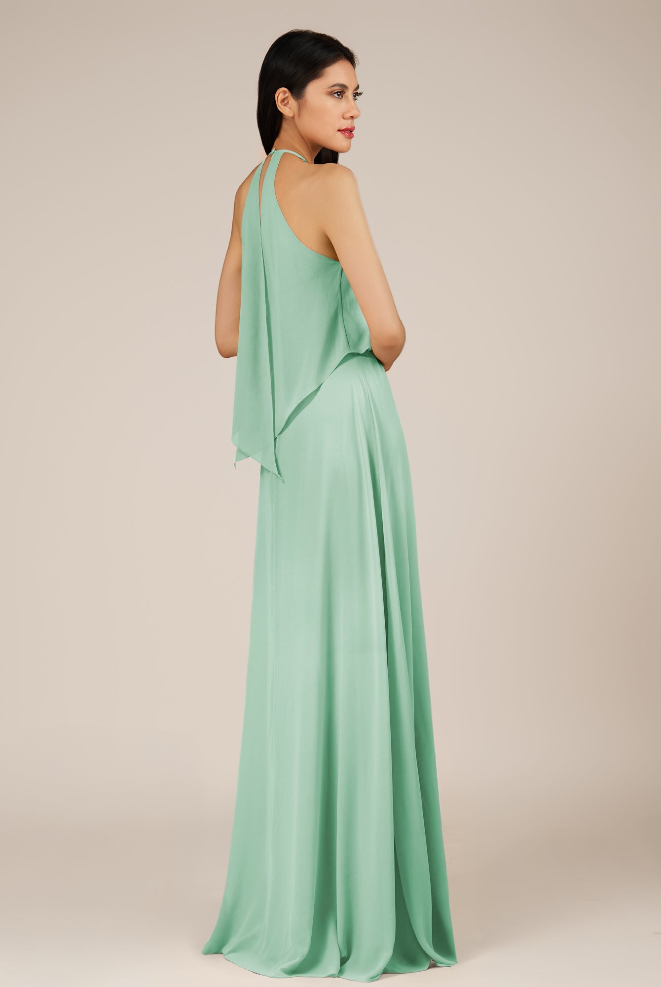 KissDress-Rhoswen Pale Pistachio Sheath Chiffon Halter Neck Long Bridesmaid Dress