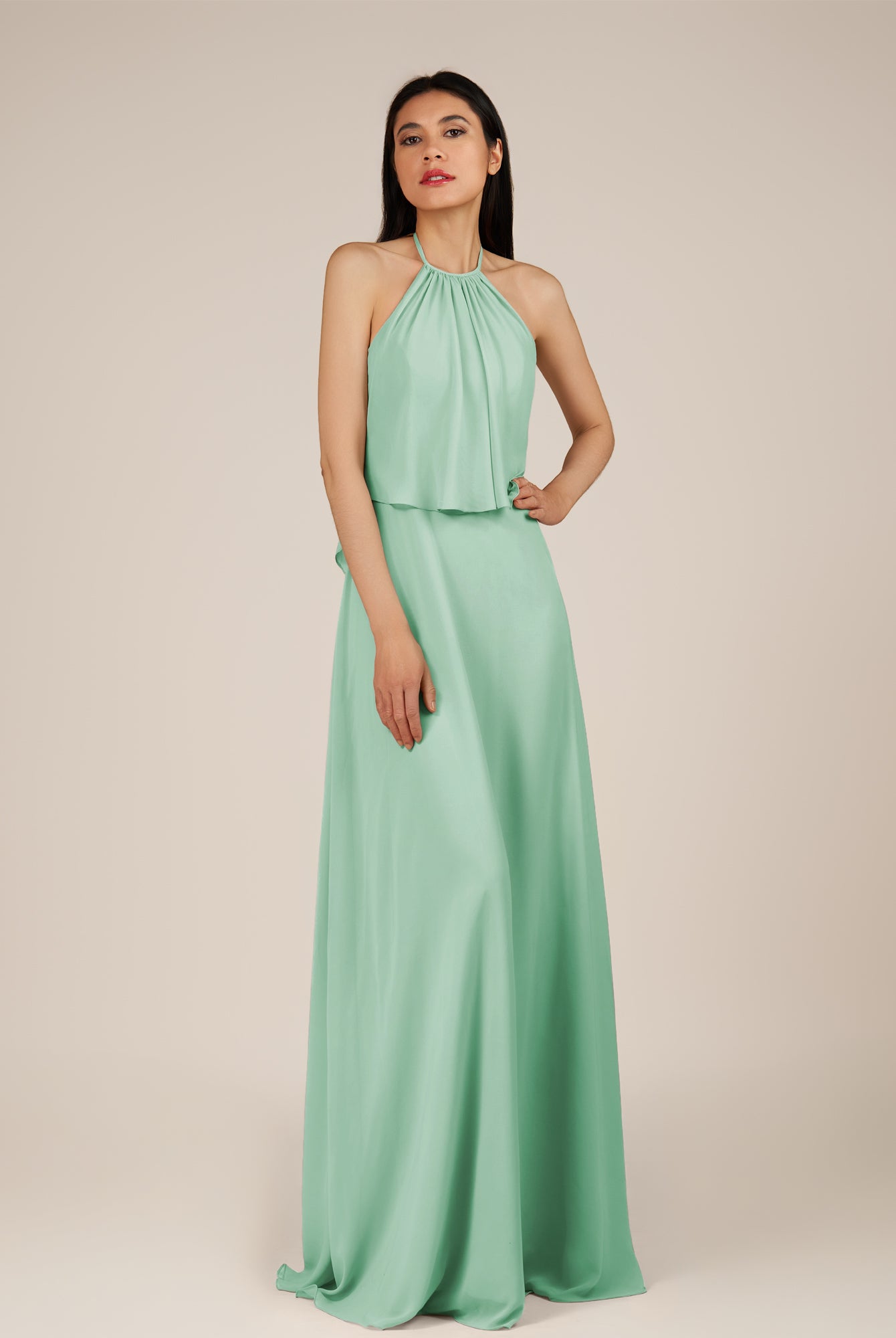 KissDress-Rhoswen Pale Pistachio Sheath Chiffon Halter Neck Long Bridesmaid Dress