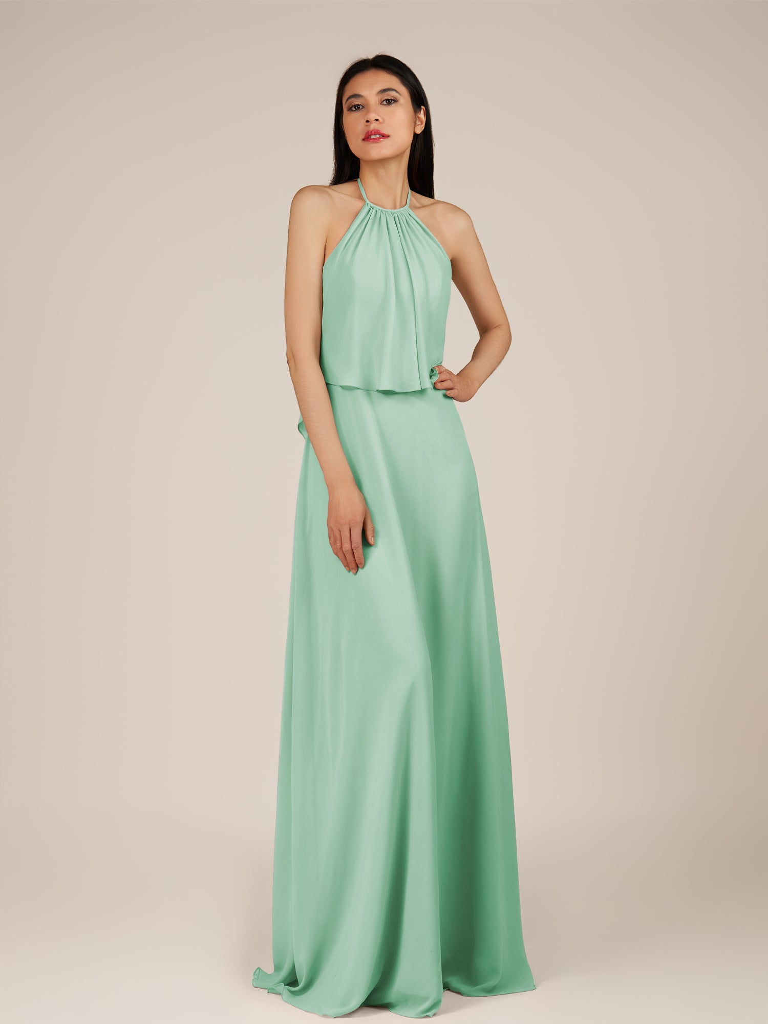KissDress-Rhoswen Pale Pistachio Sheath Chiffon Halter Neck Long Bridesmaid Dress