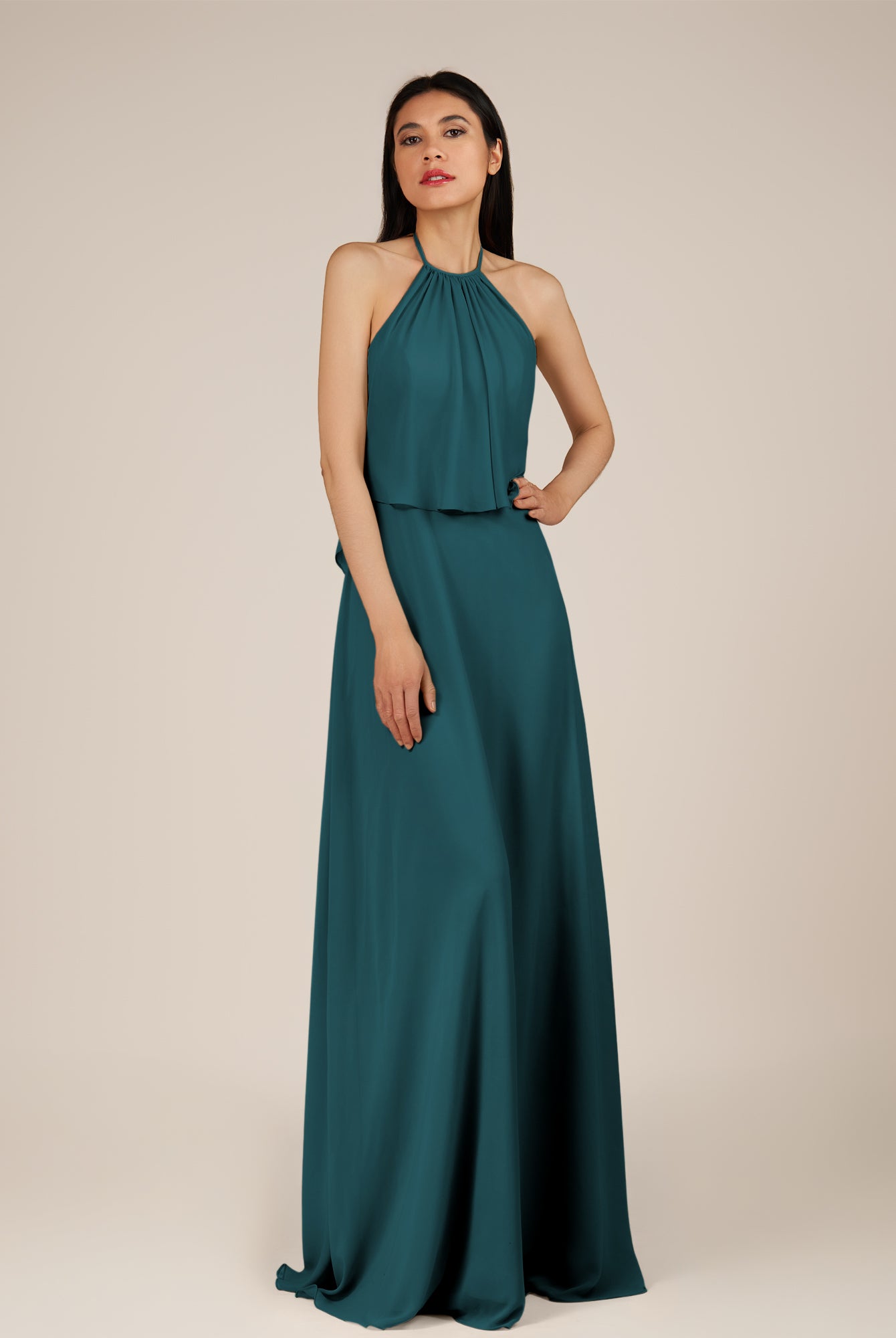 KissDress-Rhoswen Pine Sheath Chiffon Halter Neck Long Bridesmaid Dress