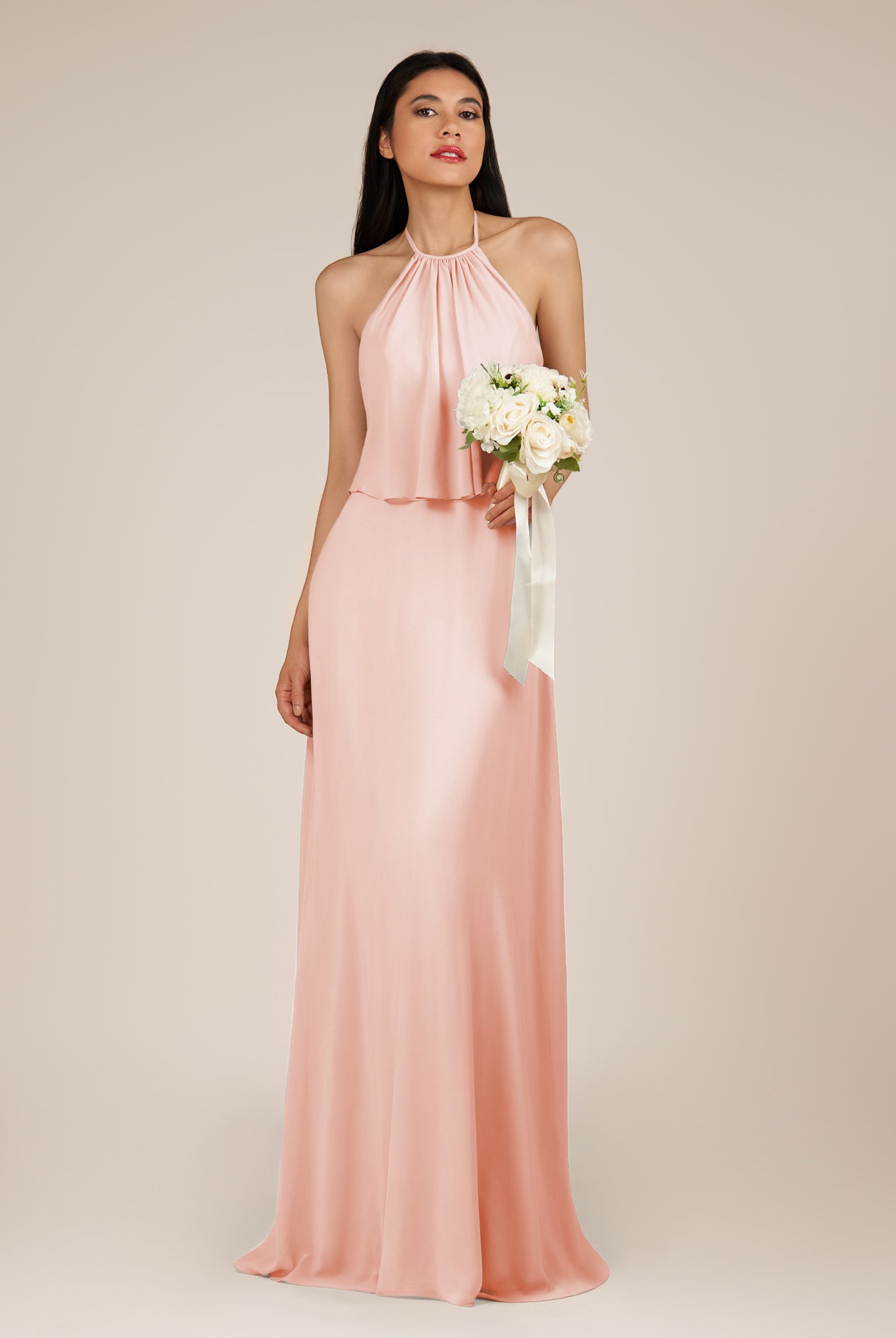 KissDress-Rhoswen Rose Petal Sheath Chiffon Halter Neck Long Bridesmaid Dress