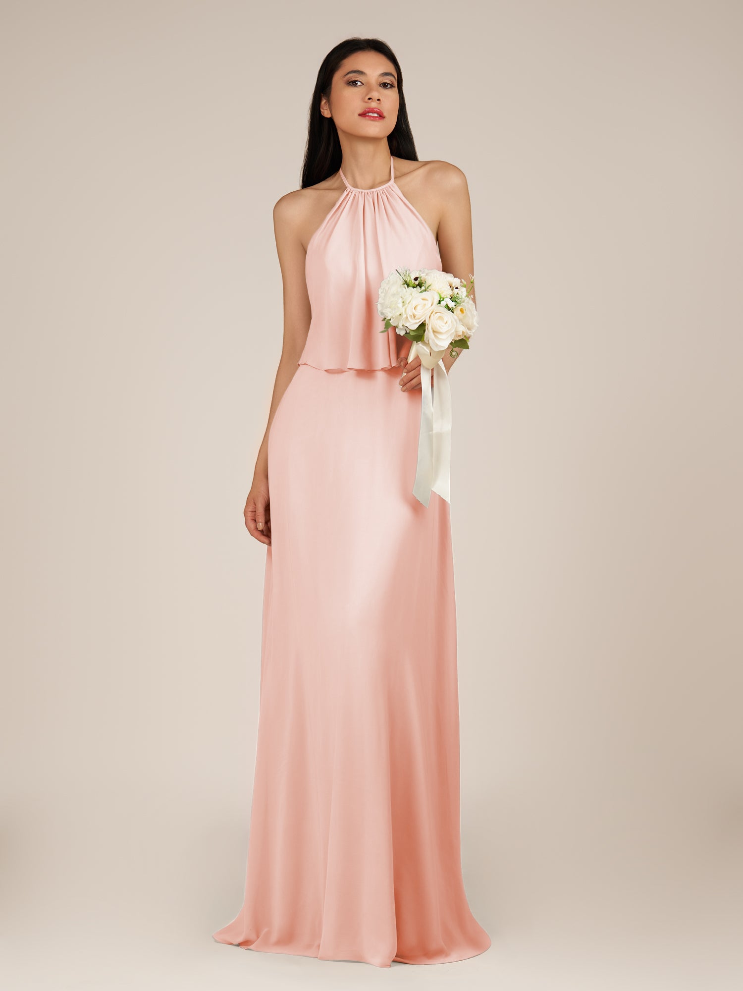 KissDress-Rhoswen Rose Petal Sheath Chiffon Halter Neck Long Bridesmaid Dress
