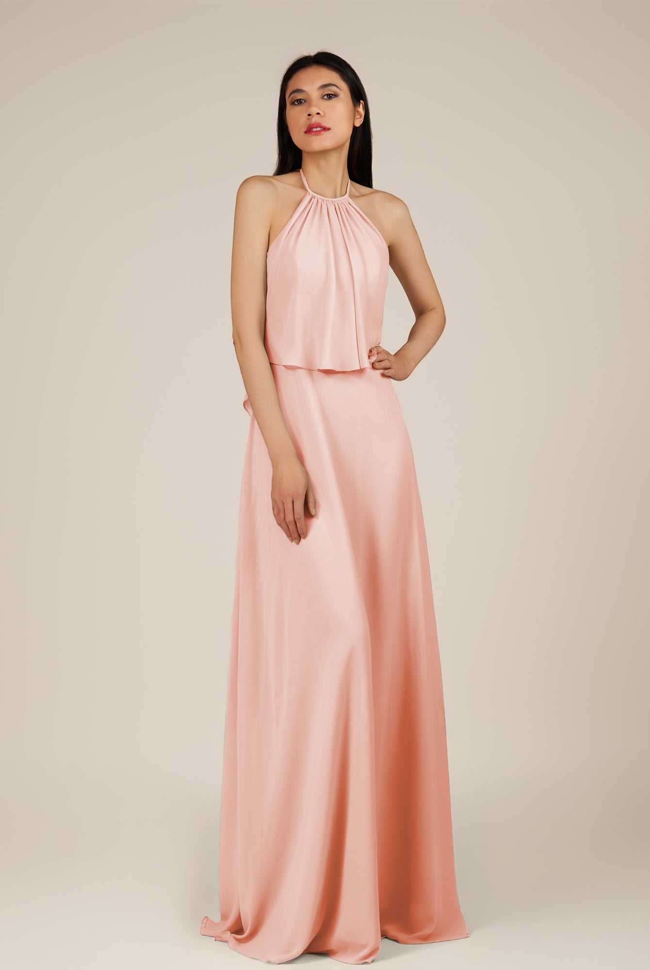 KissDress-Rhoswen Rose Petal Sheath Chiffon Halter Neck Long Bridesmaid Dress