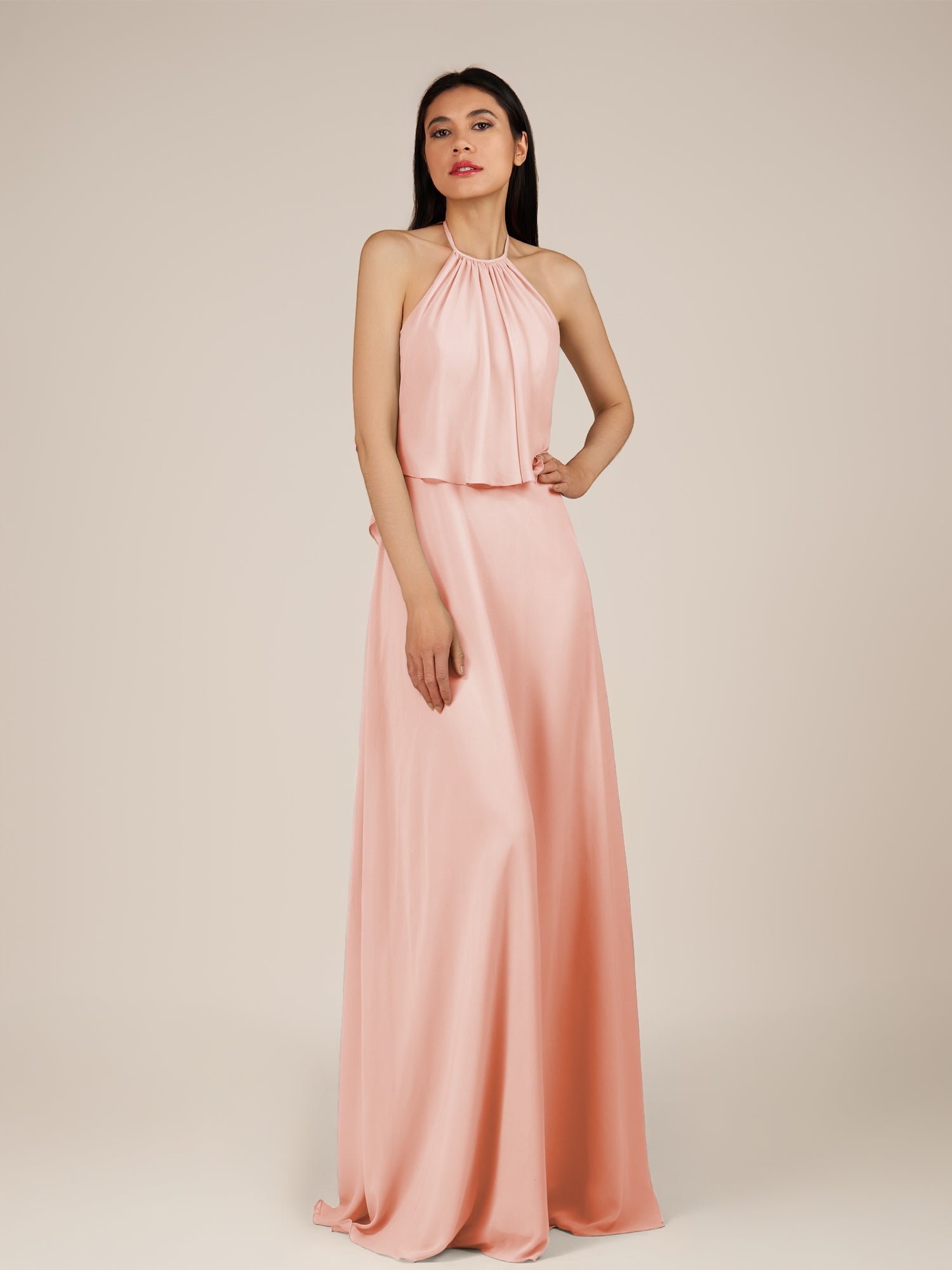 KissDress-Rhoswen Rose Petal Sheath Chiffon Halter Neck Long Bridesmaid Dress